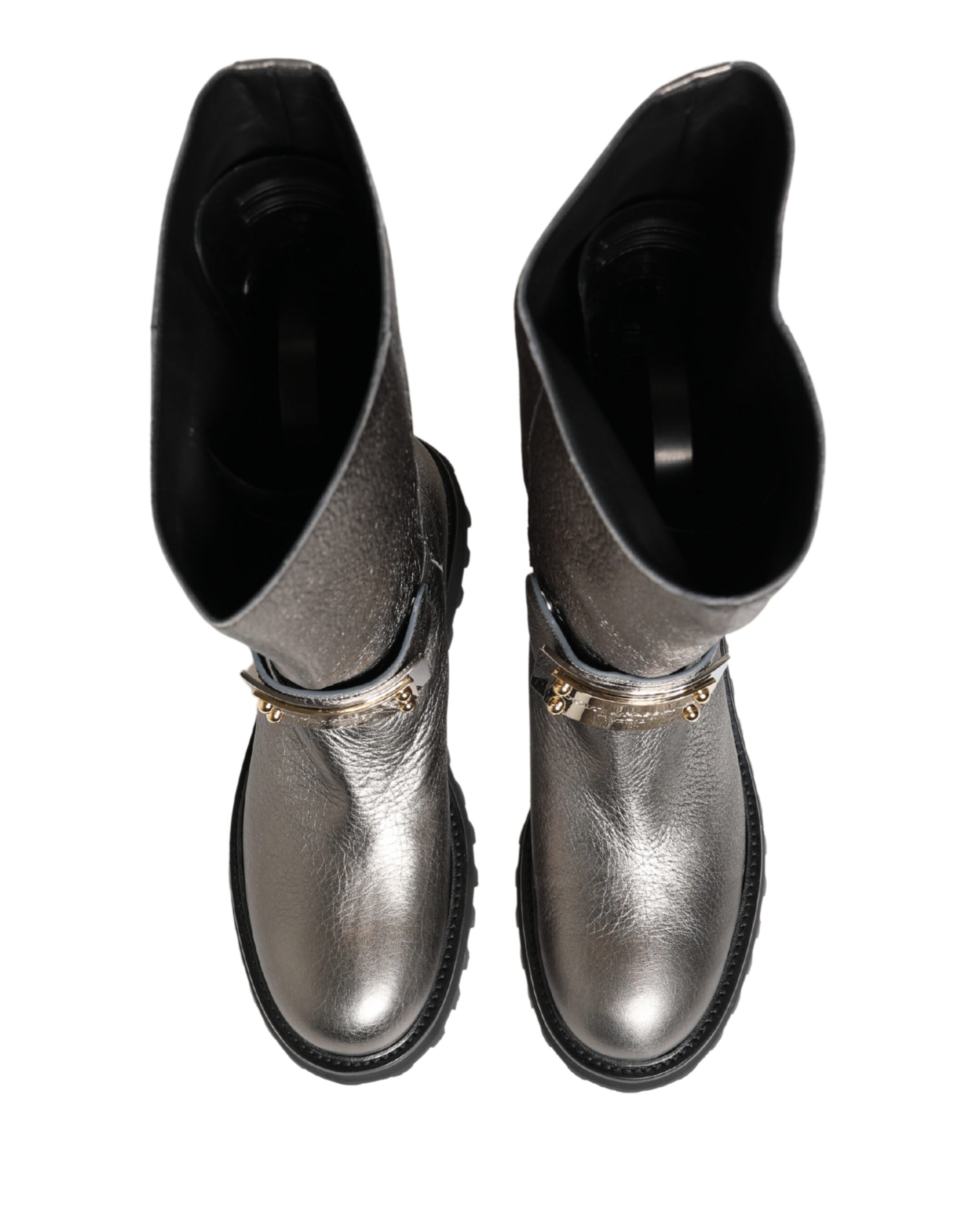 Dolce & Gabbana Metallic Silver Leather Mid Calf Boots Shoes-4