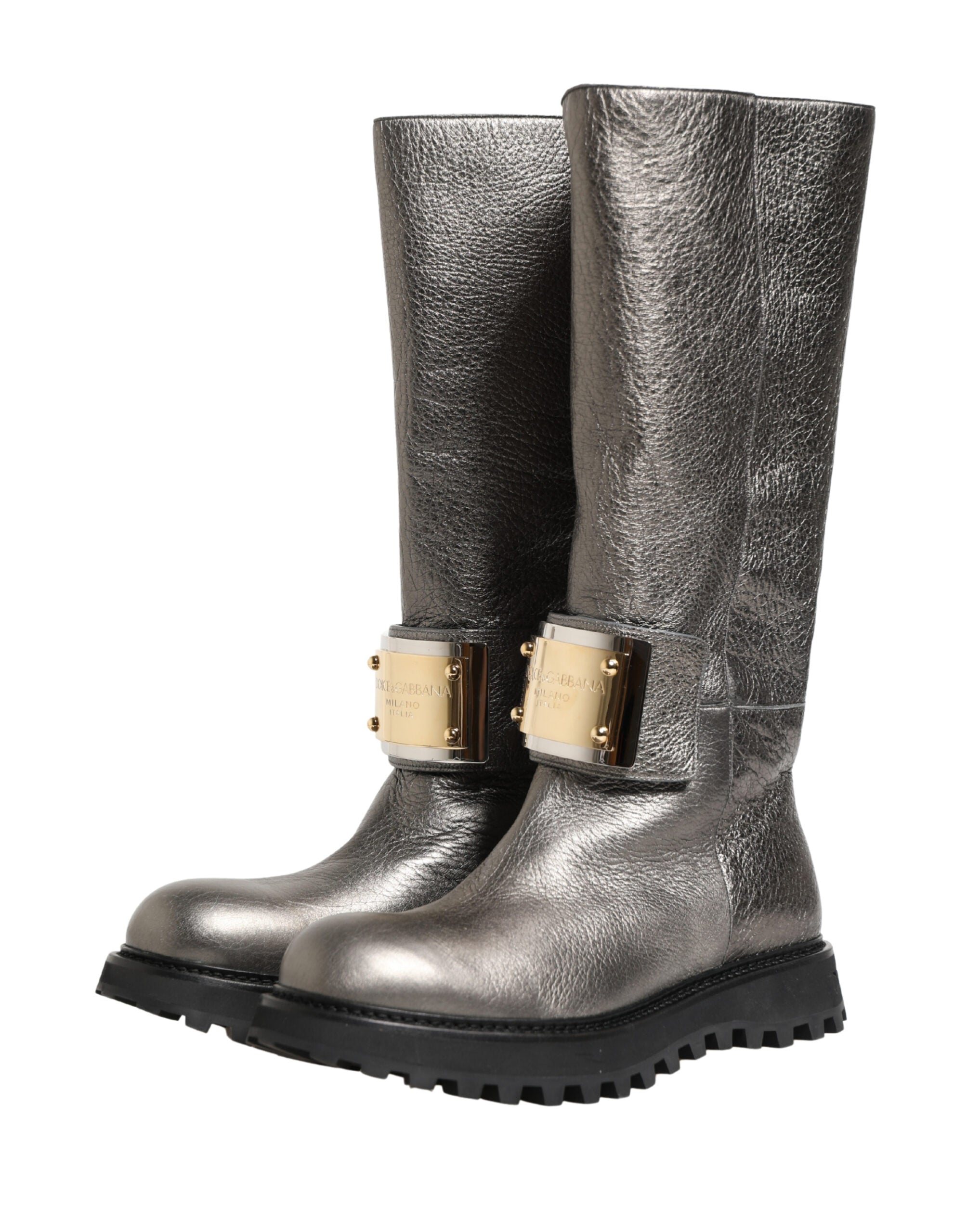 Dolce & Gabbana Metallic Silver Leather Mid Calf Boots Shoes-5