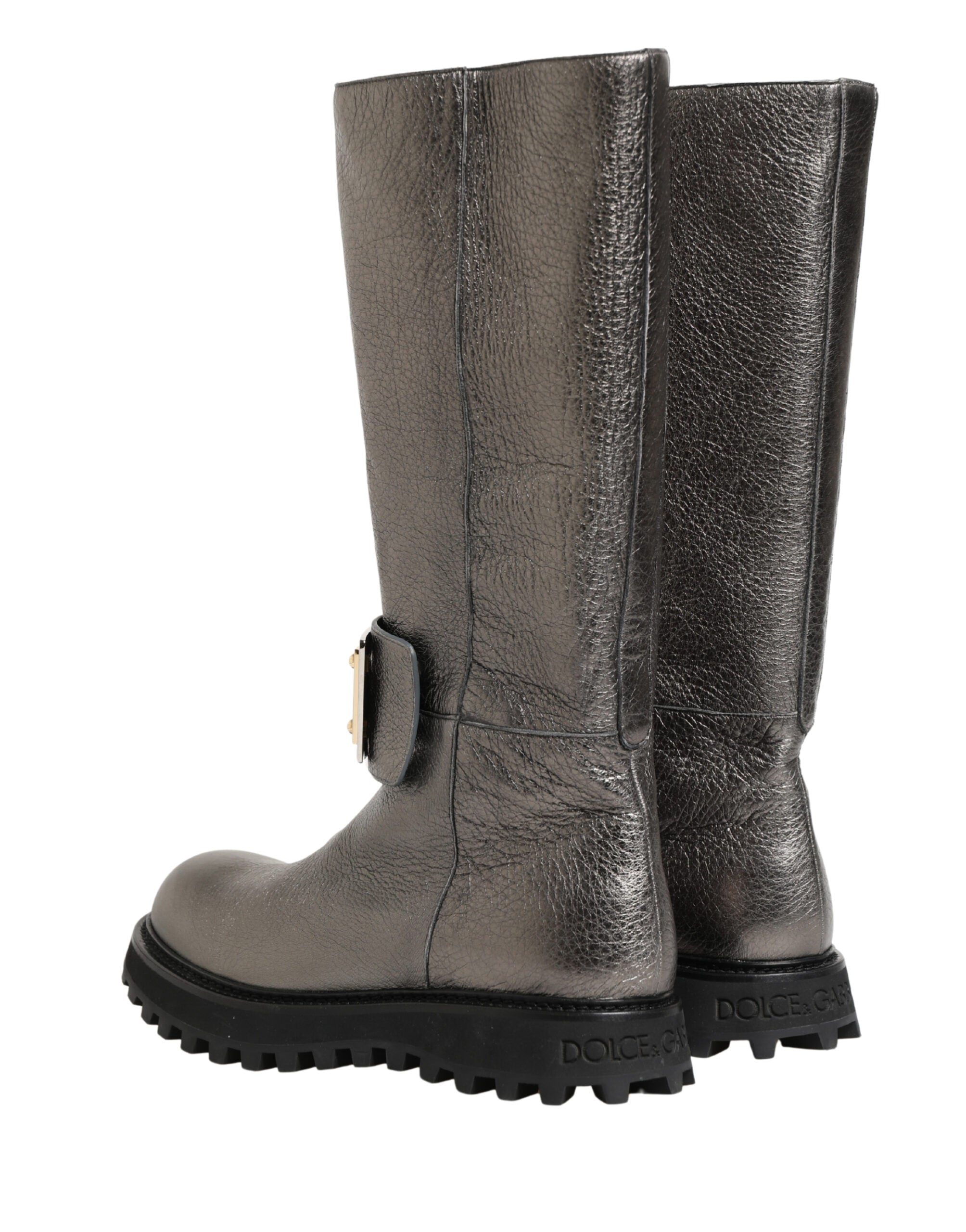 Dolce & Gabbana Metallic Silver Leather Mid Calf Boots Shoes-6