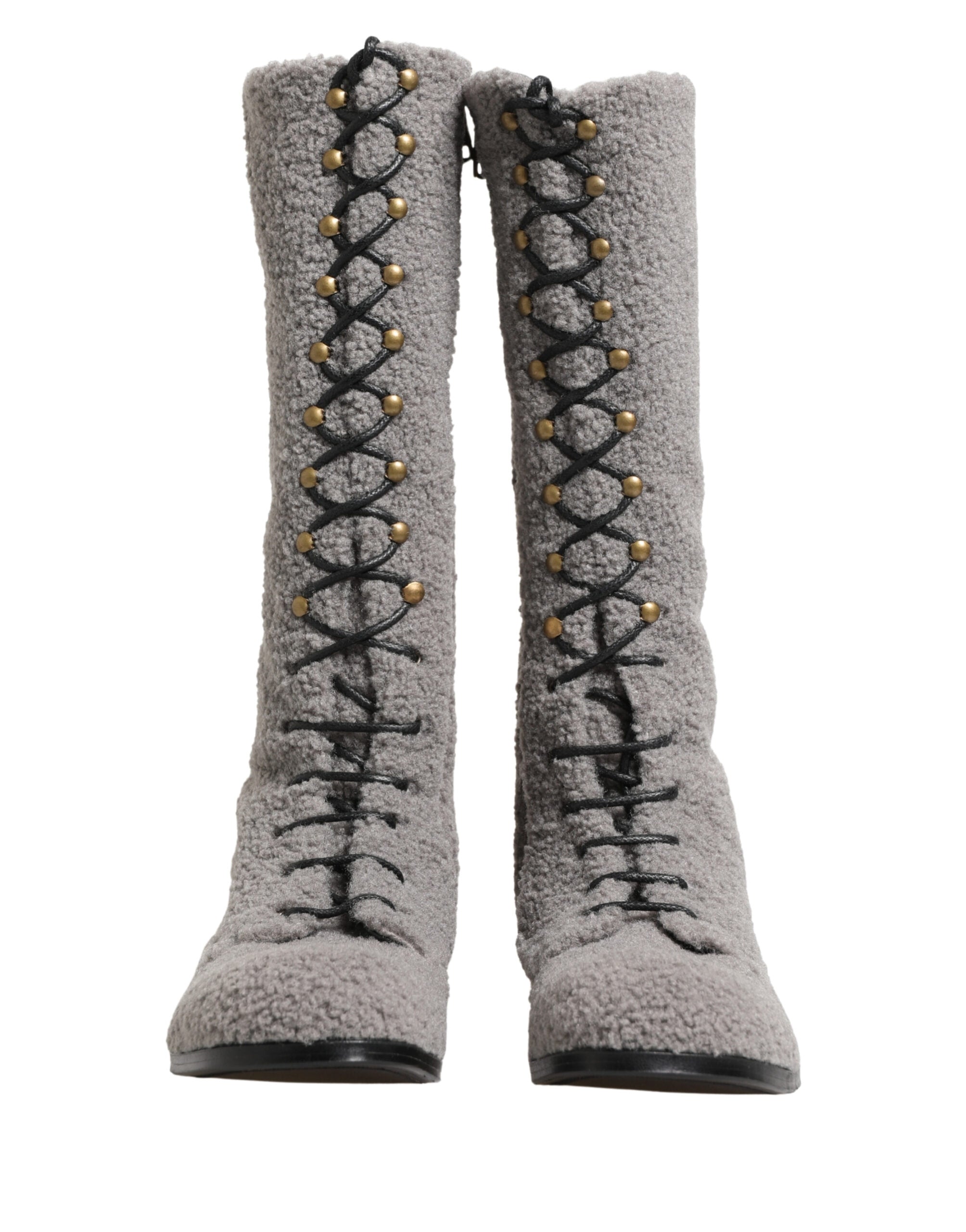 Dolce & Gabbana Graue Shearling Schnürstiefel bis zum Knie-2