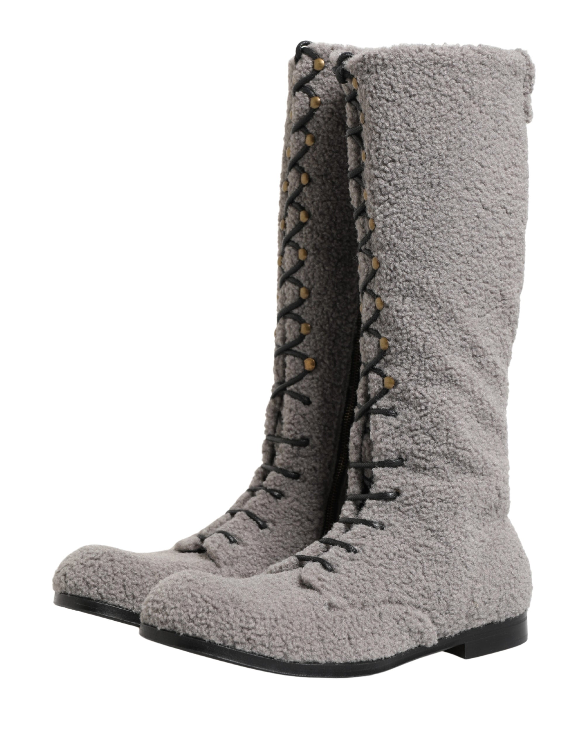 Dolce & Gabbana Graue Shearling Schnürstiefel bis zum Knie-4