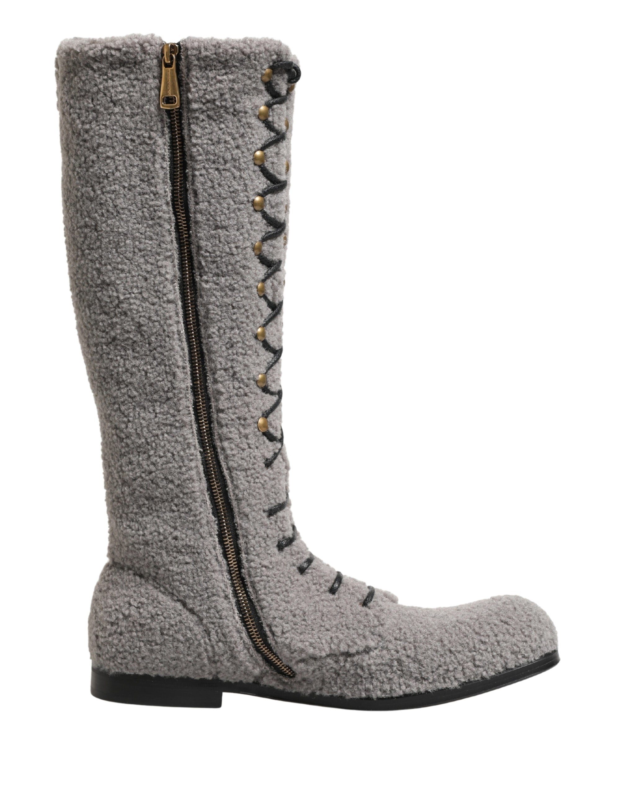 Dolce & Gabbana Graue Shearling Schnürstiefel bis zum Knie-7