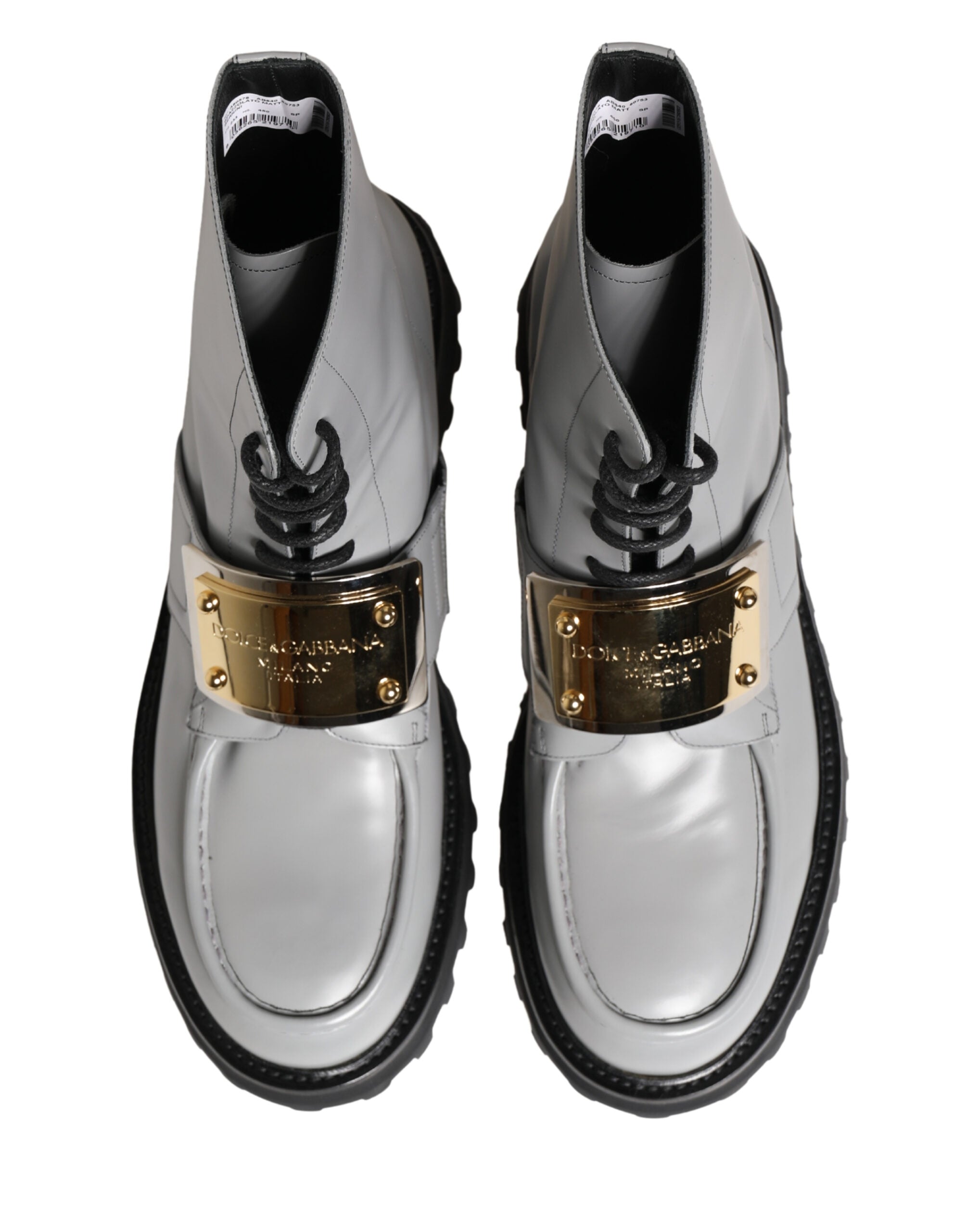 Dolce & Gabbana Grey Leather Ankle Boots with Logo Plaque-3