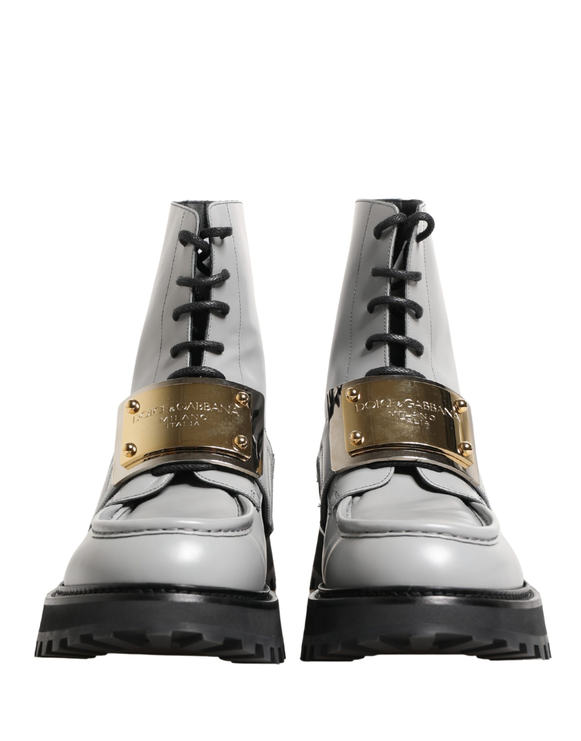 Dolce & Gabbana Grey Leather Ankle Boots with Logo Plaque-4
