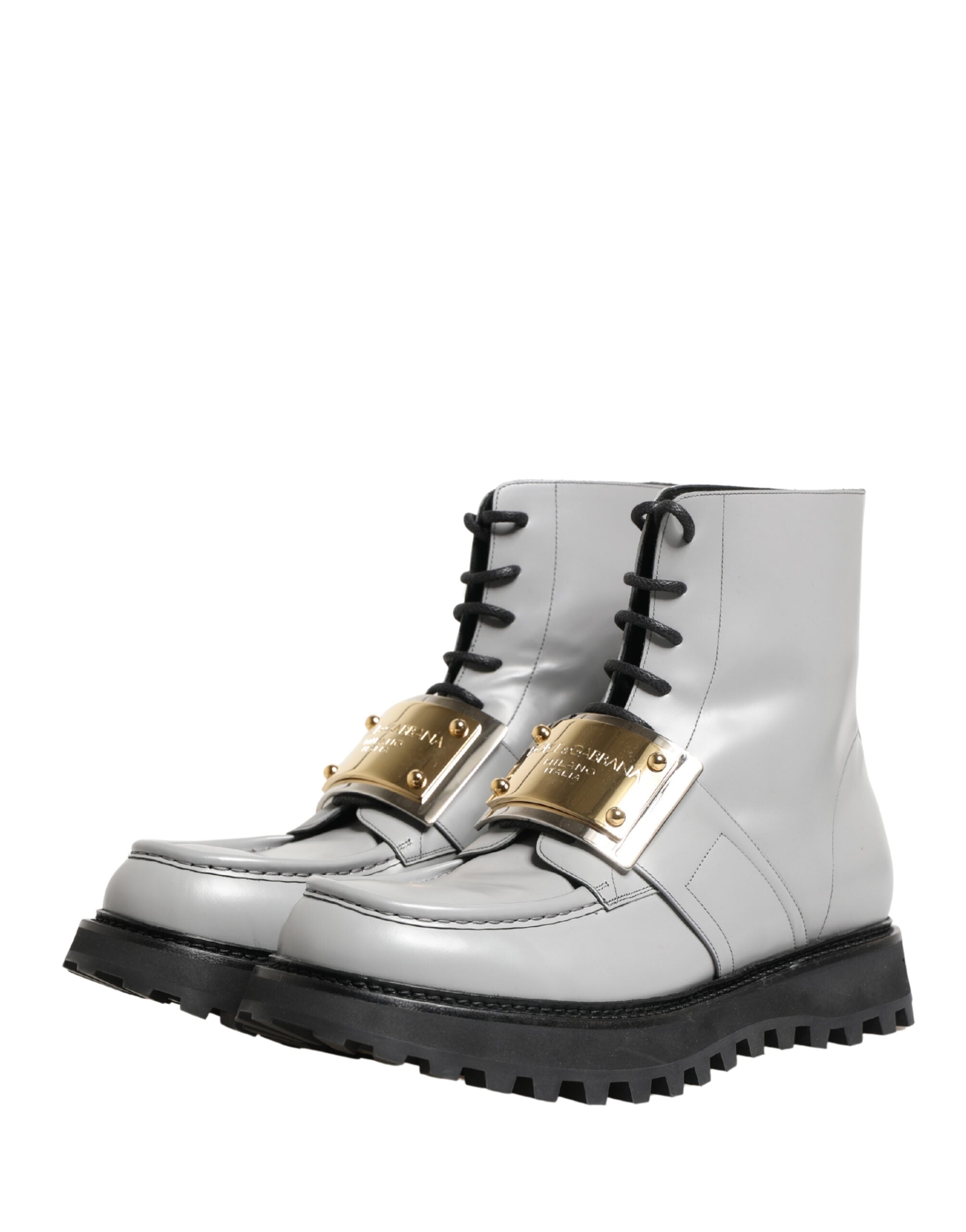 Dolce & Gabbana Grey Leather Ankle Boots with Logo Plaque-5