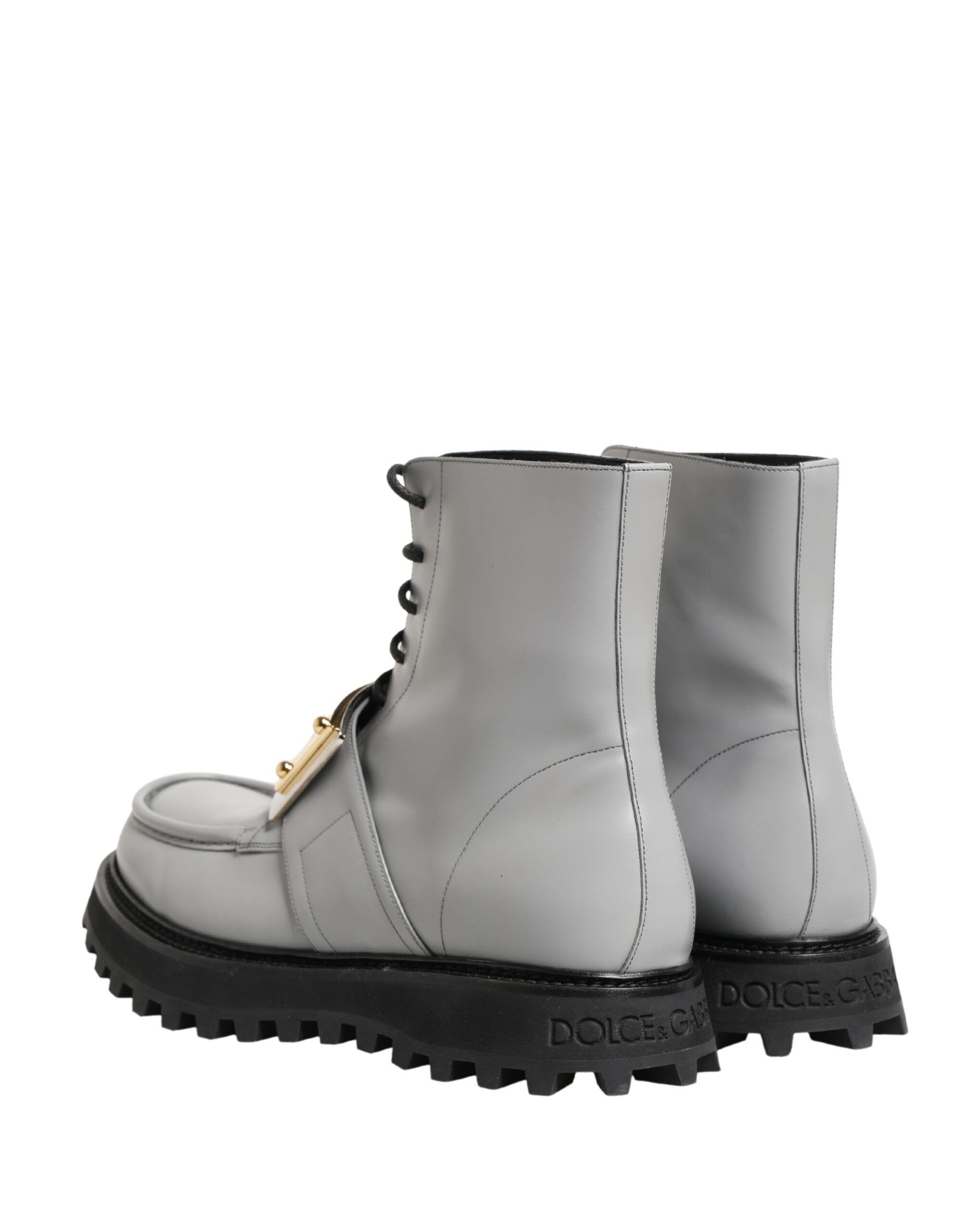 Dolce & Gabbana Grey Leather Ankle Boots with Logo Plaque-6