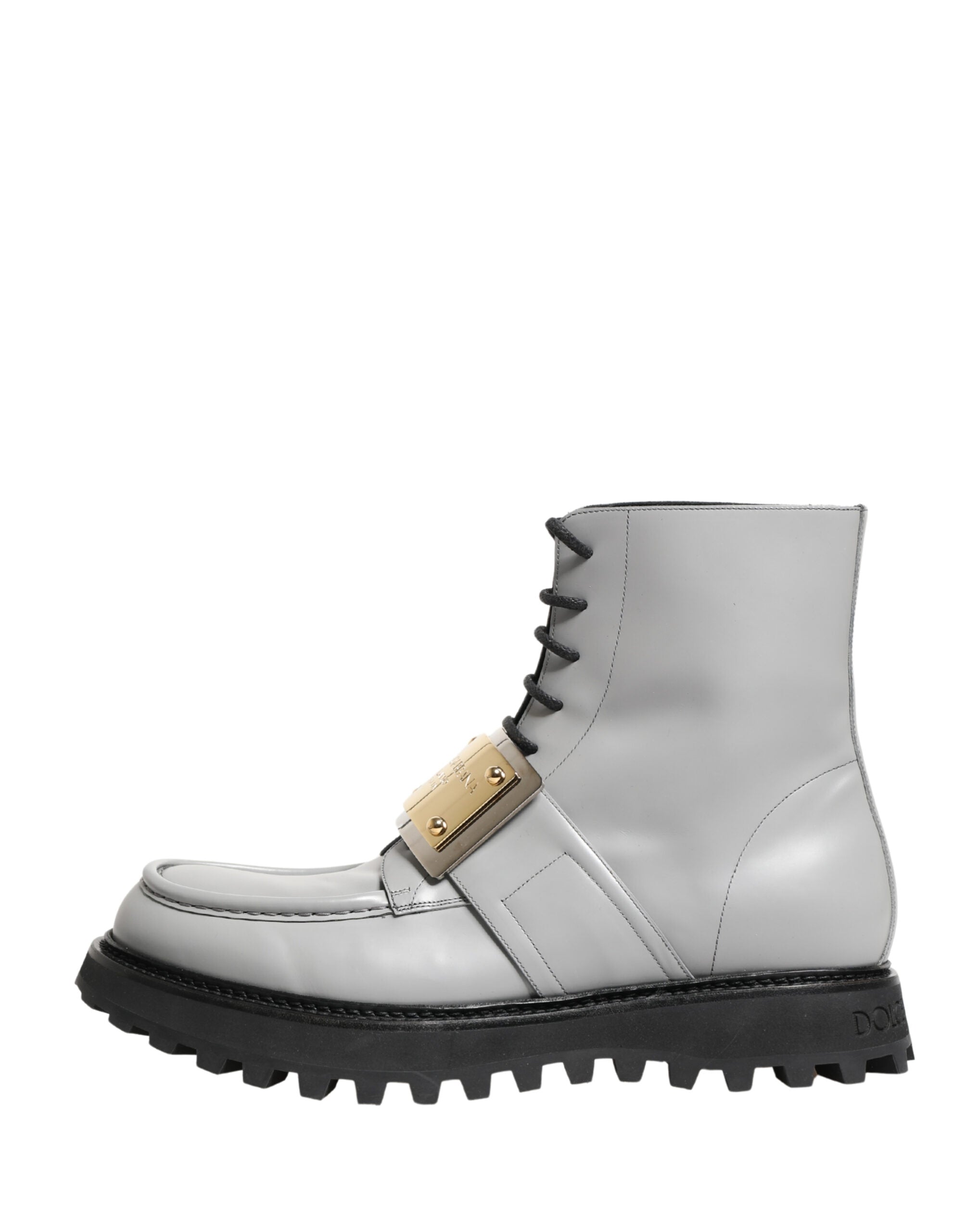 Dolce & Gabbana Grey Leather Ankle Boots with Logo Plaque-7