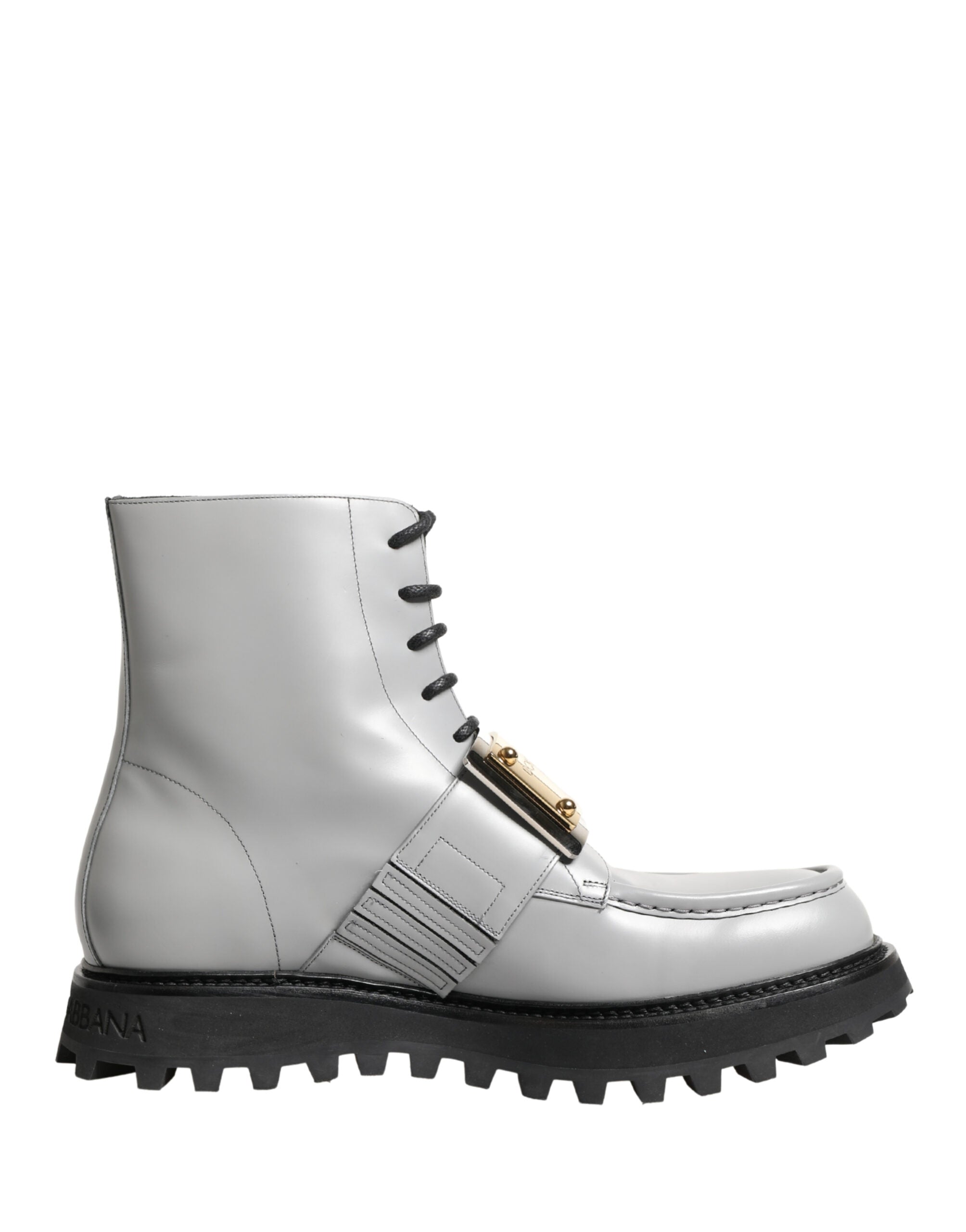 Dolce & Gabbana Grey Leather Ankle Boots with Logo Plaque-2