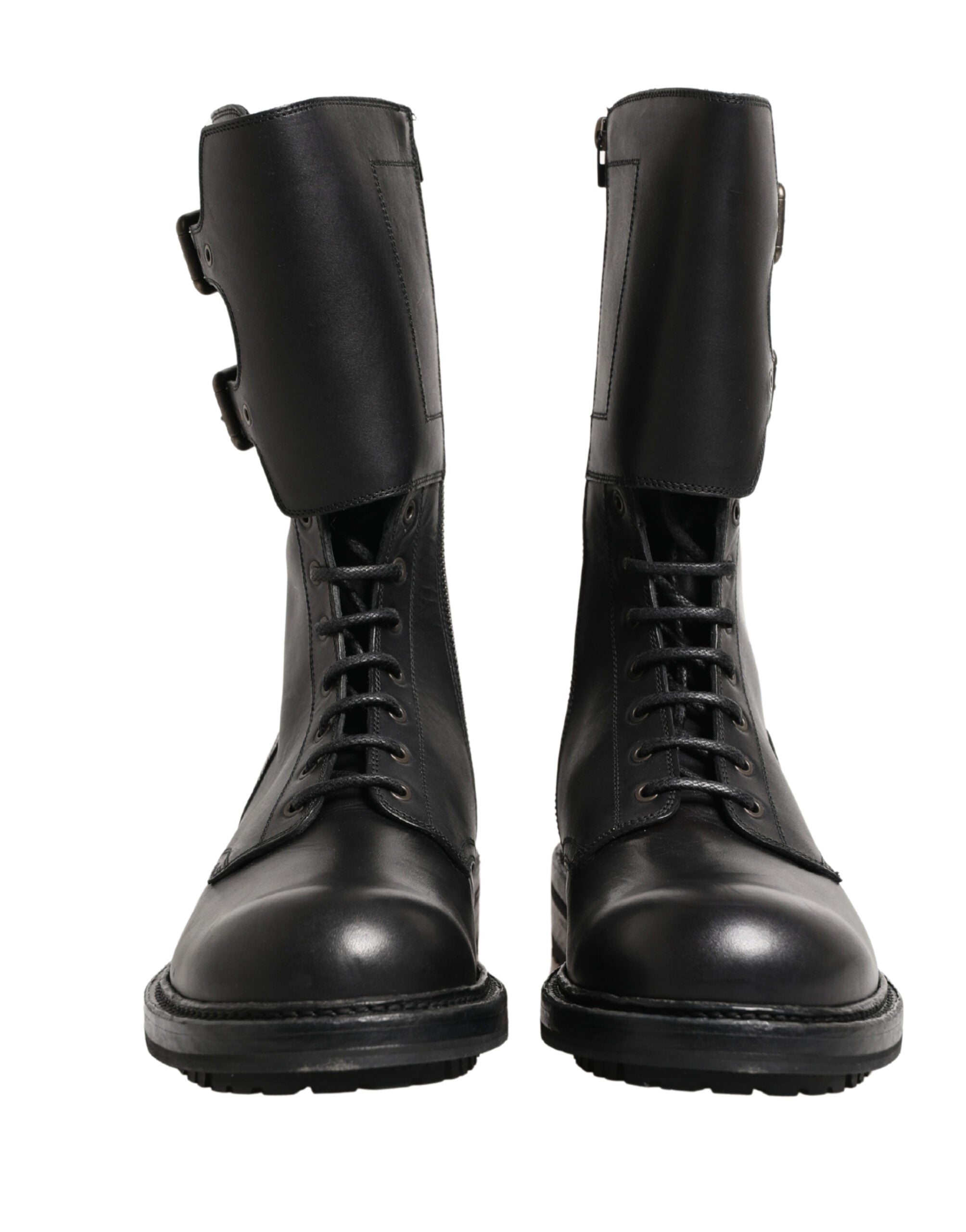 Dolce & Gabbana Black Leather Lace-Up Boots with Belt Buckle-3