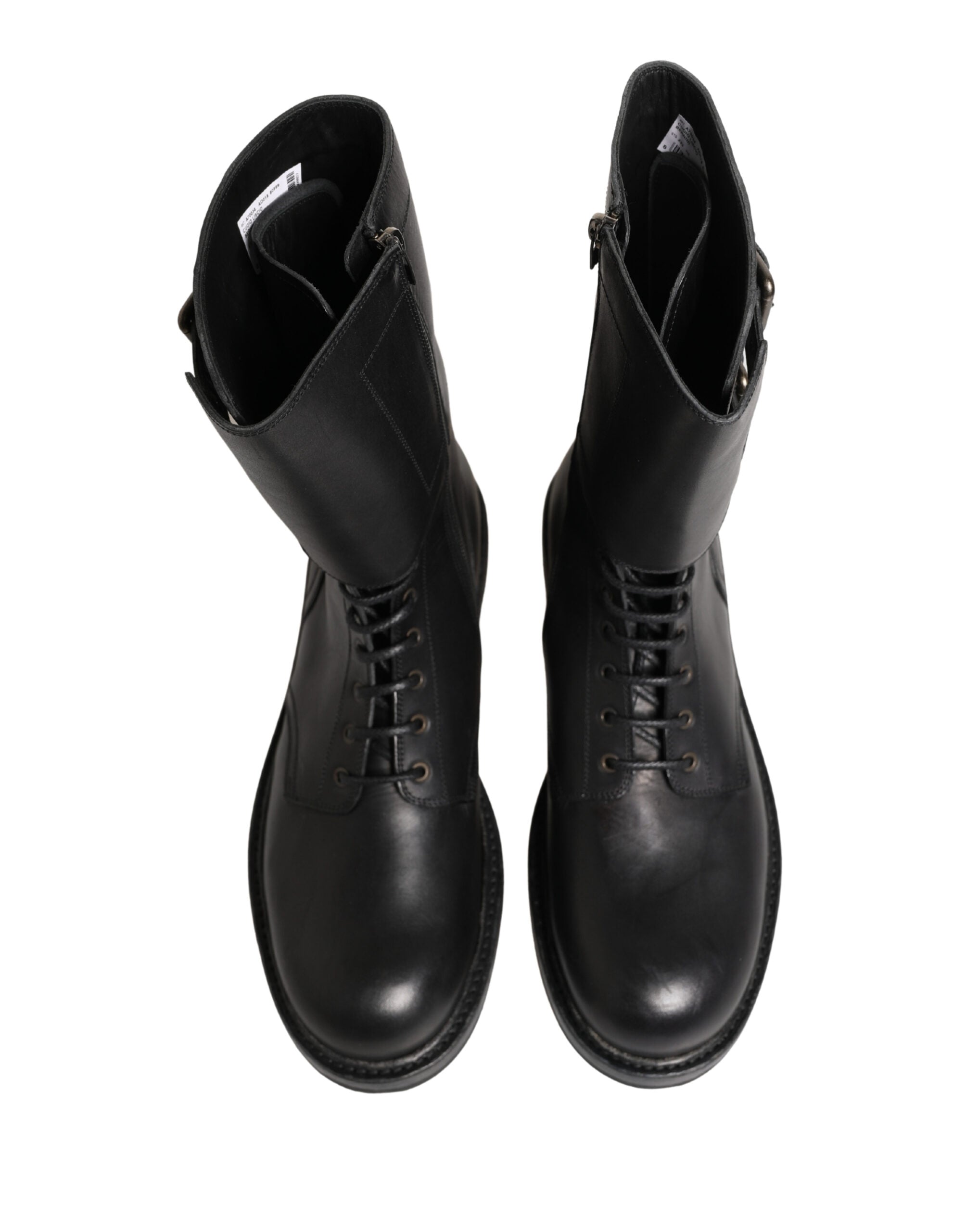 Dolce & Gabbana Black Leather Lace-Up Boots with Belt Buckle-4