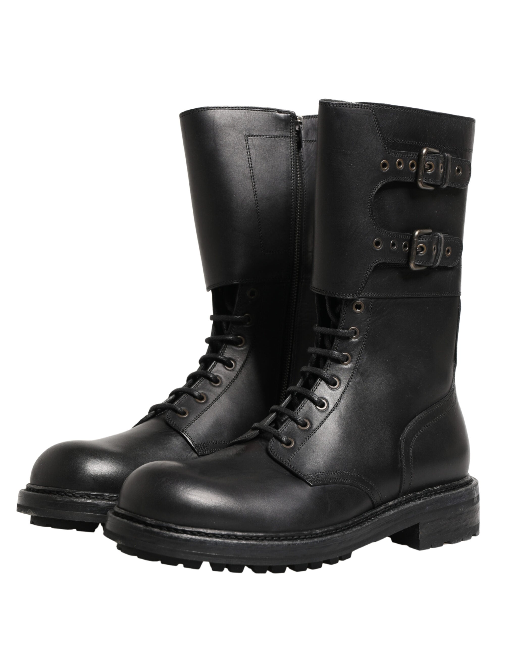 Dolce & Gabbana Black Leather Lace-Up Boots with Belt Buckle-5