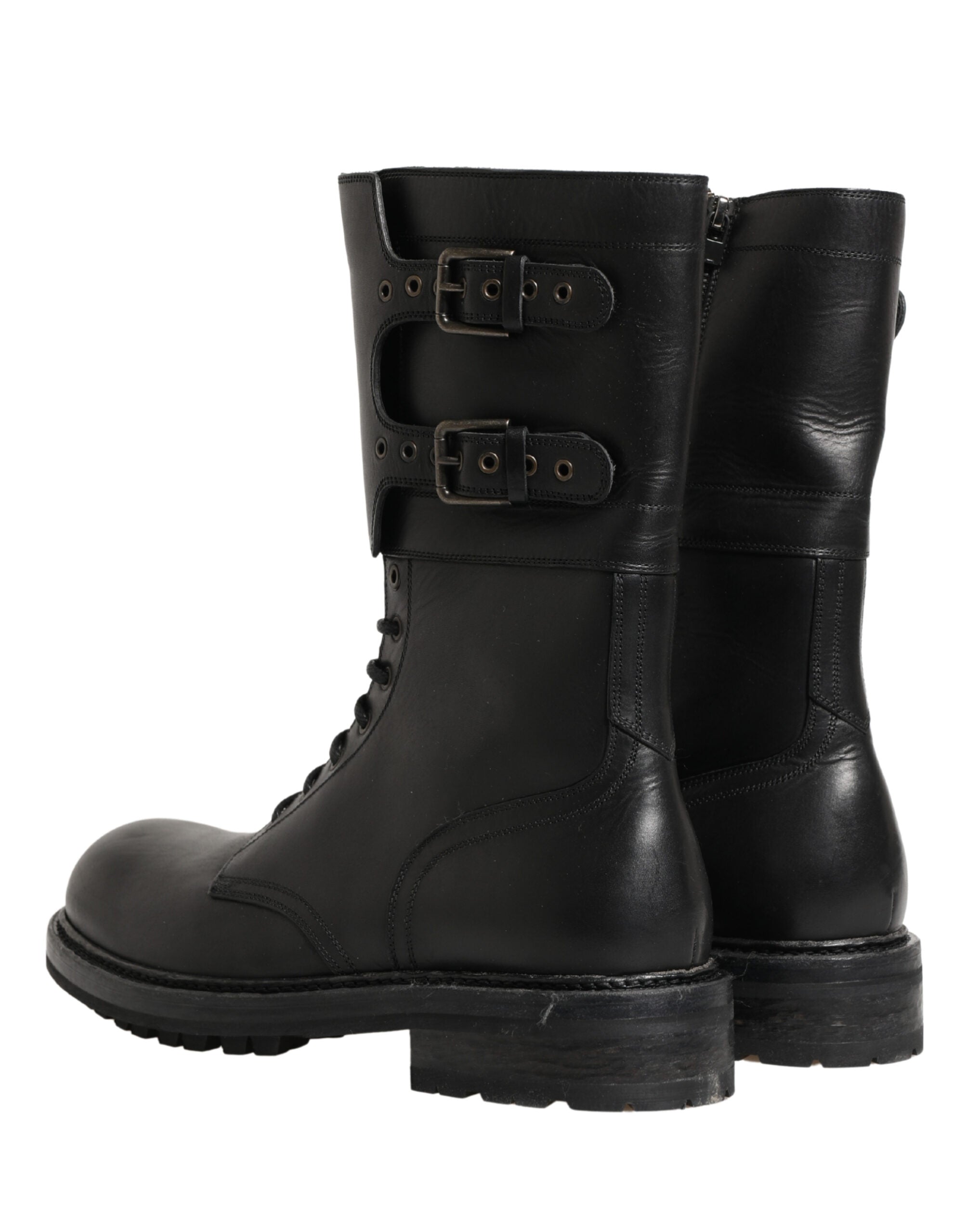Dolce & Gabbana Black Leather Lace-Up Boots with Belt Buckle-6