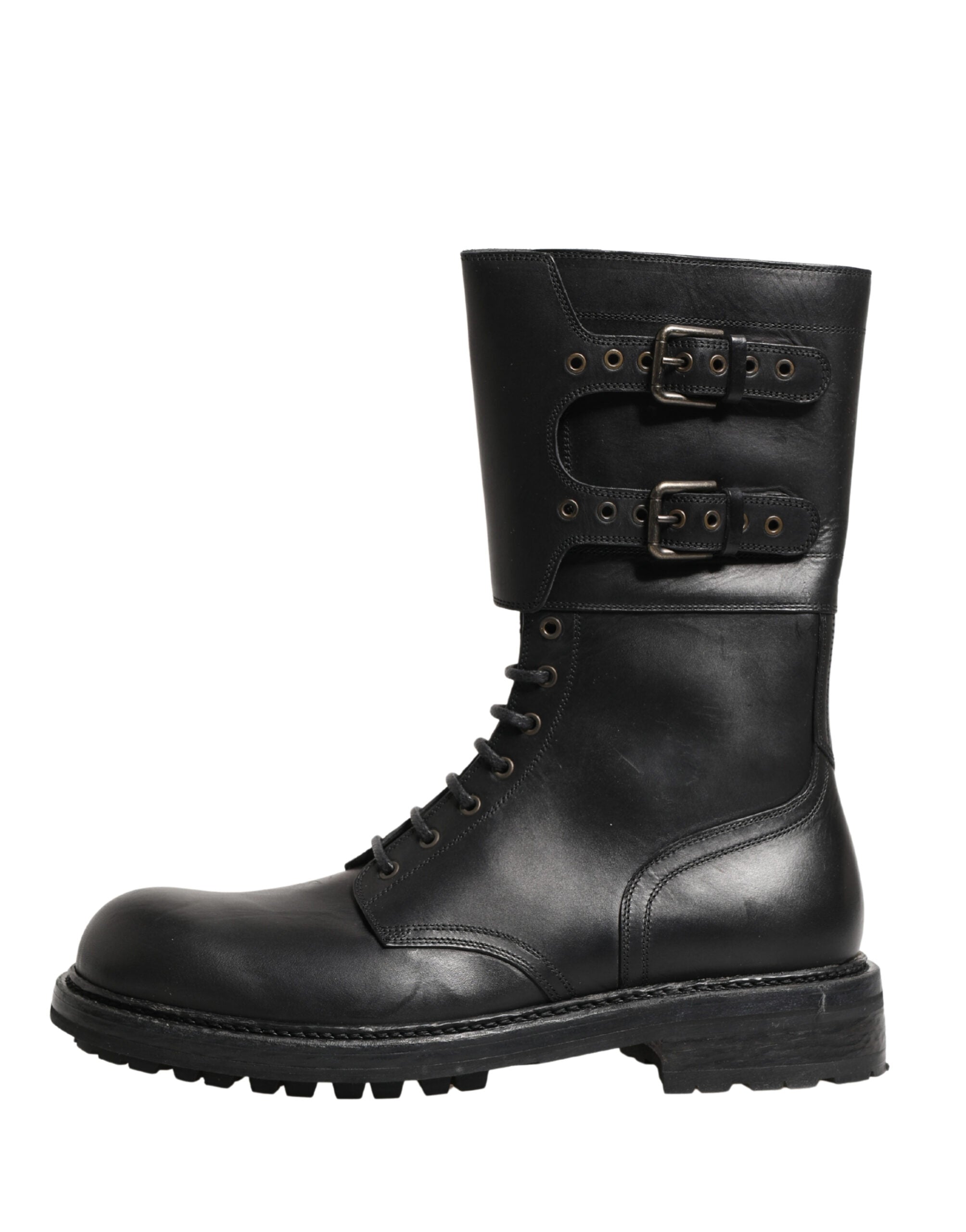 Dolce & Gabbana Black Leather Lace-Up Boots with Belt Buckle-2
