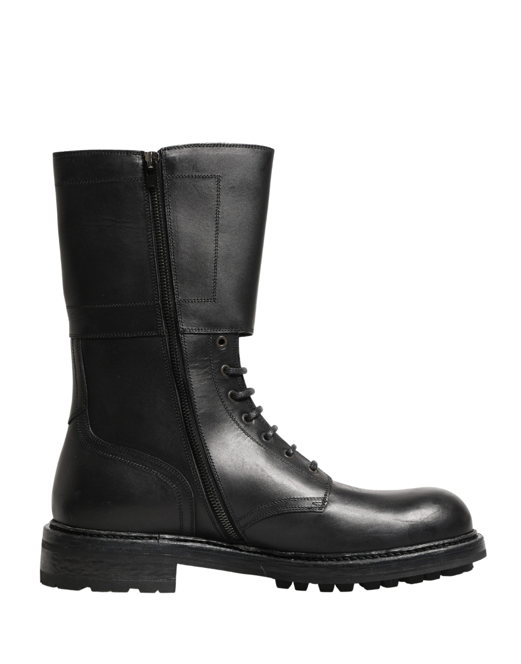 Dolce & Gabbana Black Leather Lace-Up Boots with Belt Buckle-7