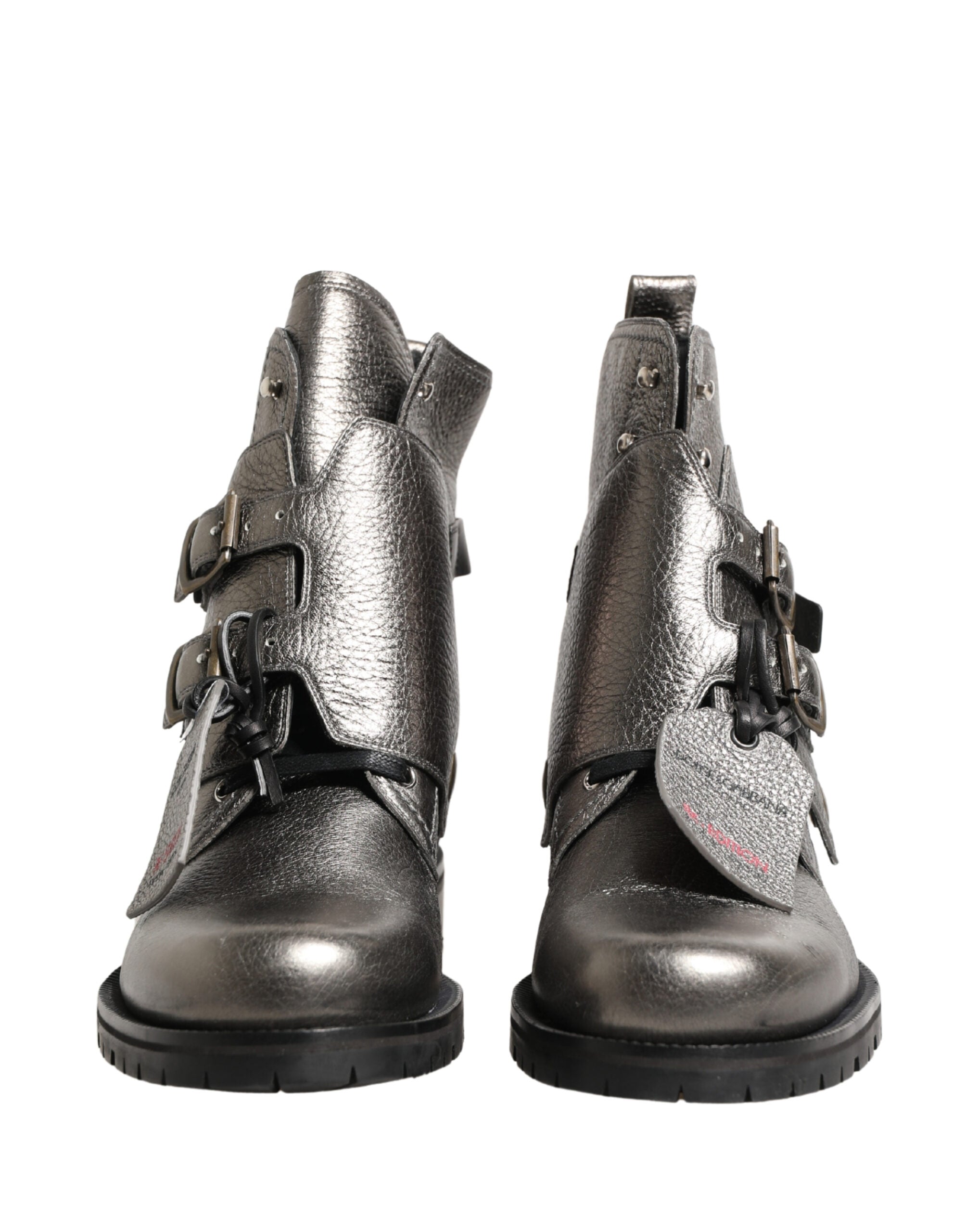 Dolce & Gabbana Metallic Silver Leather Buckle Ankle Boots Shoes-3