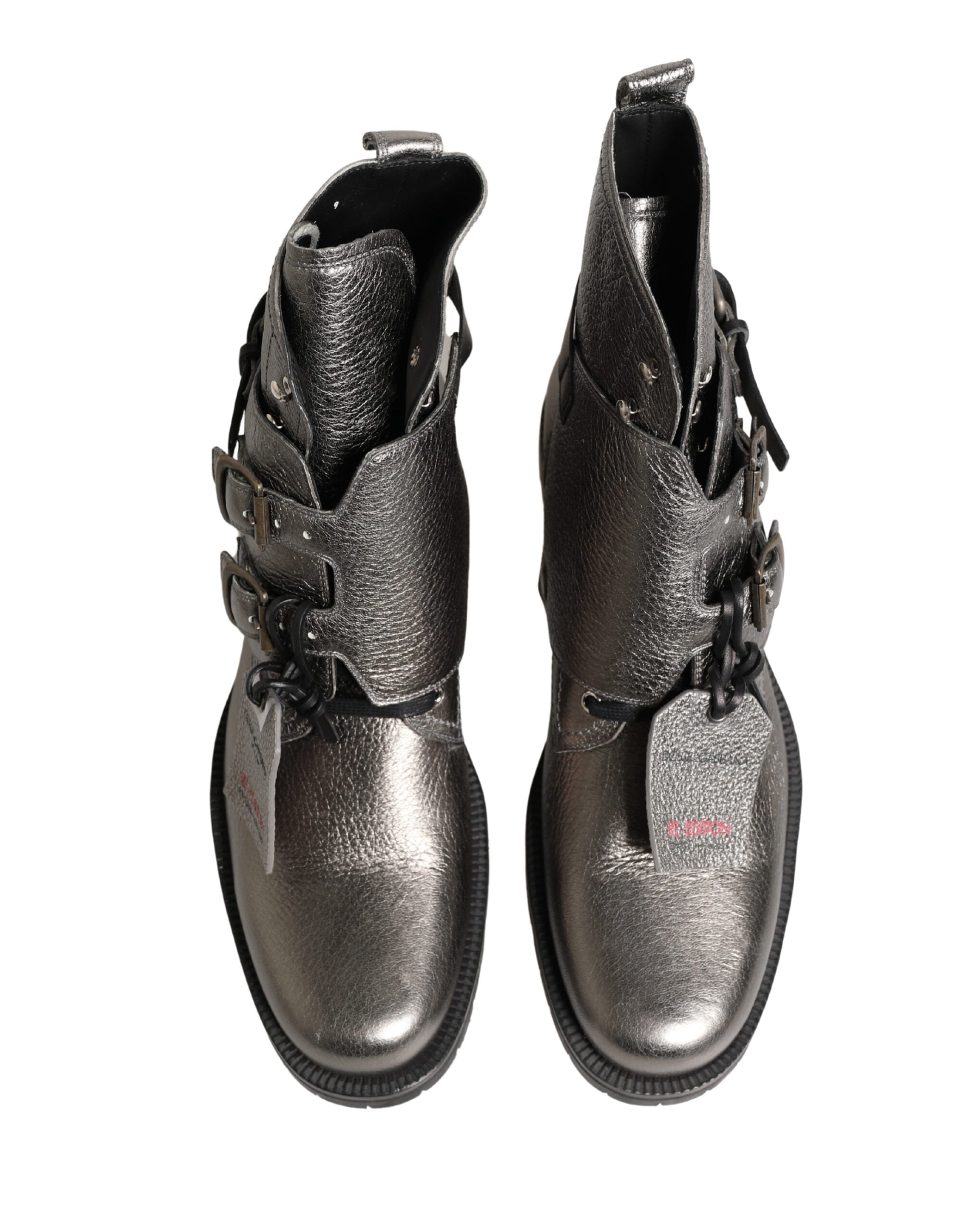 Dolce & Gabbana Metallic Silver Leather Buckle Ankle Boots Shoes-4