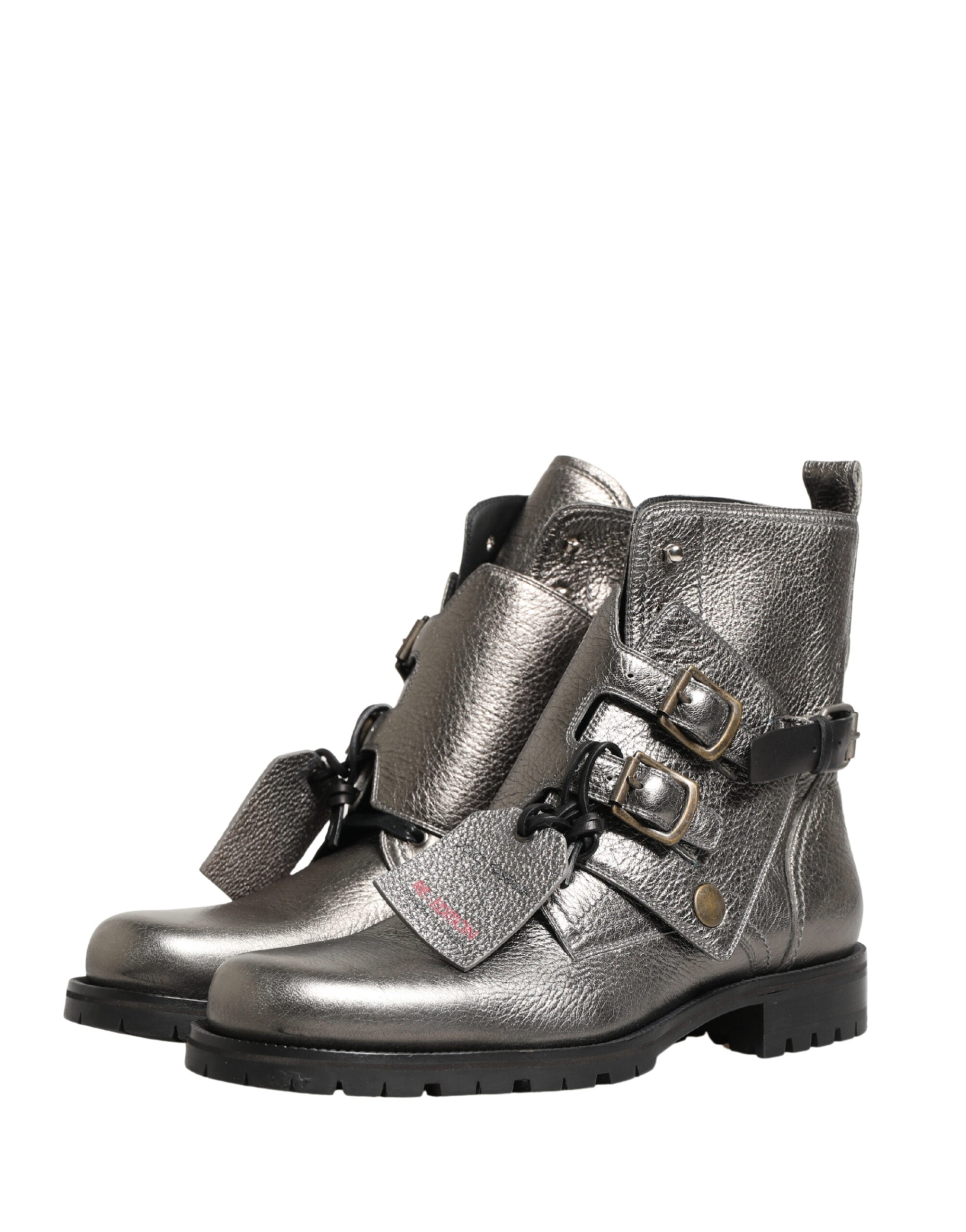 Dolce & Gabbana Metallic Silver Leather Buckle Ankle Boots Shoes-5