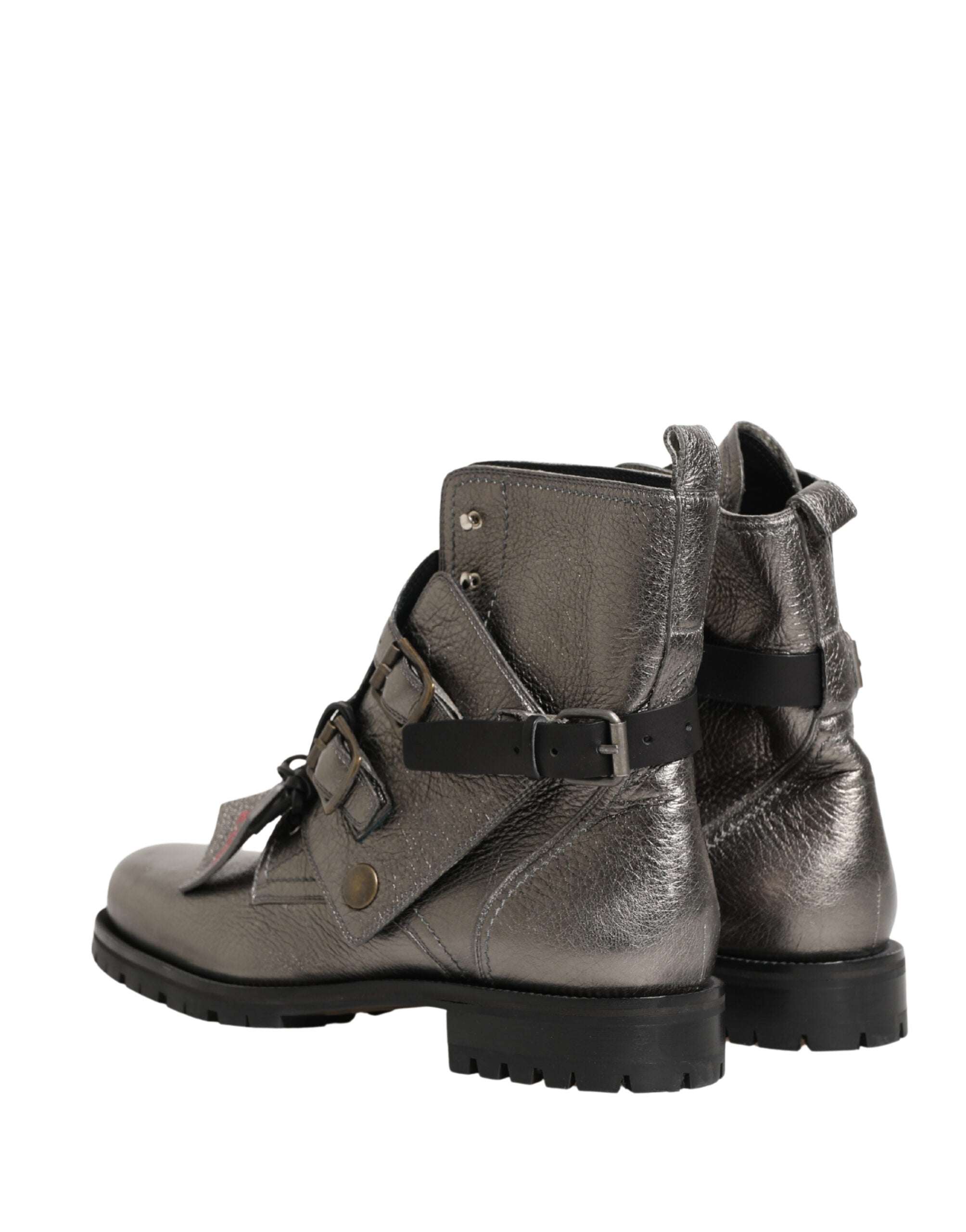 Dolce & Gabbana Metallic Silver Leather Buckle Ankle Boots Shoes-6