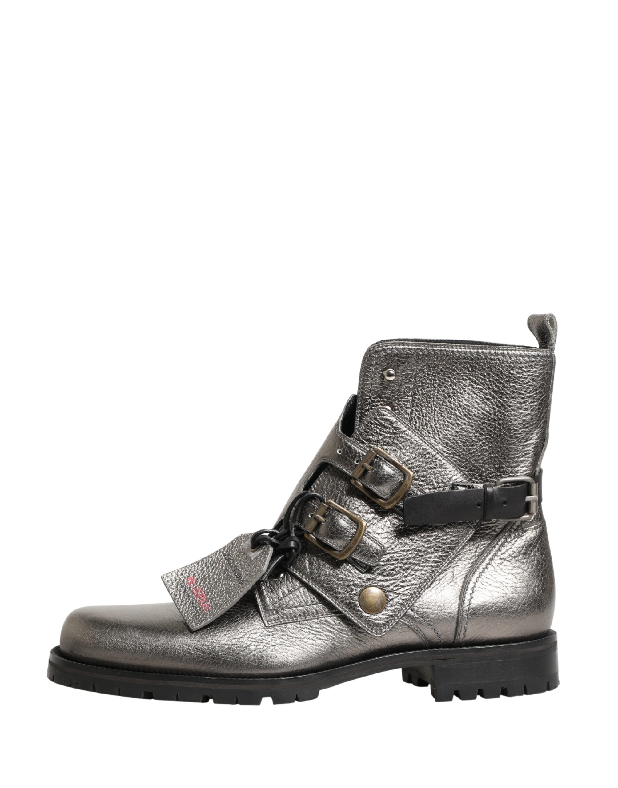 Dolce & Gabbana Metallic Silver Leather Buckle Ankle Boots Shoes-2