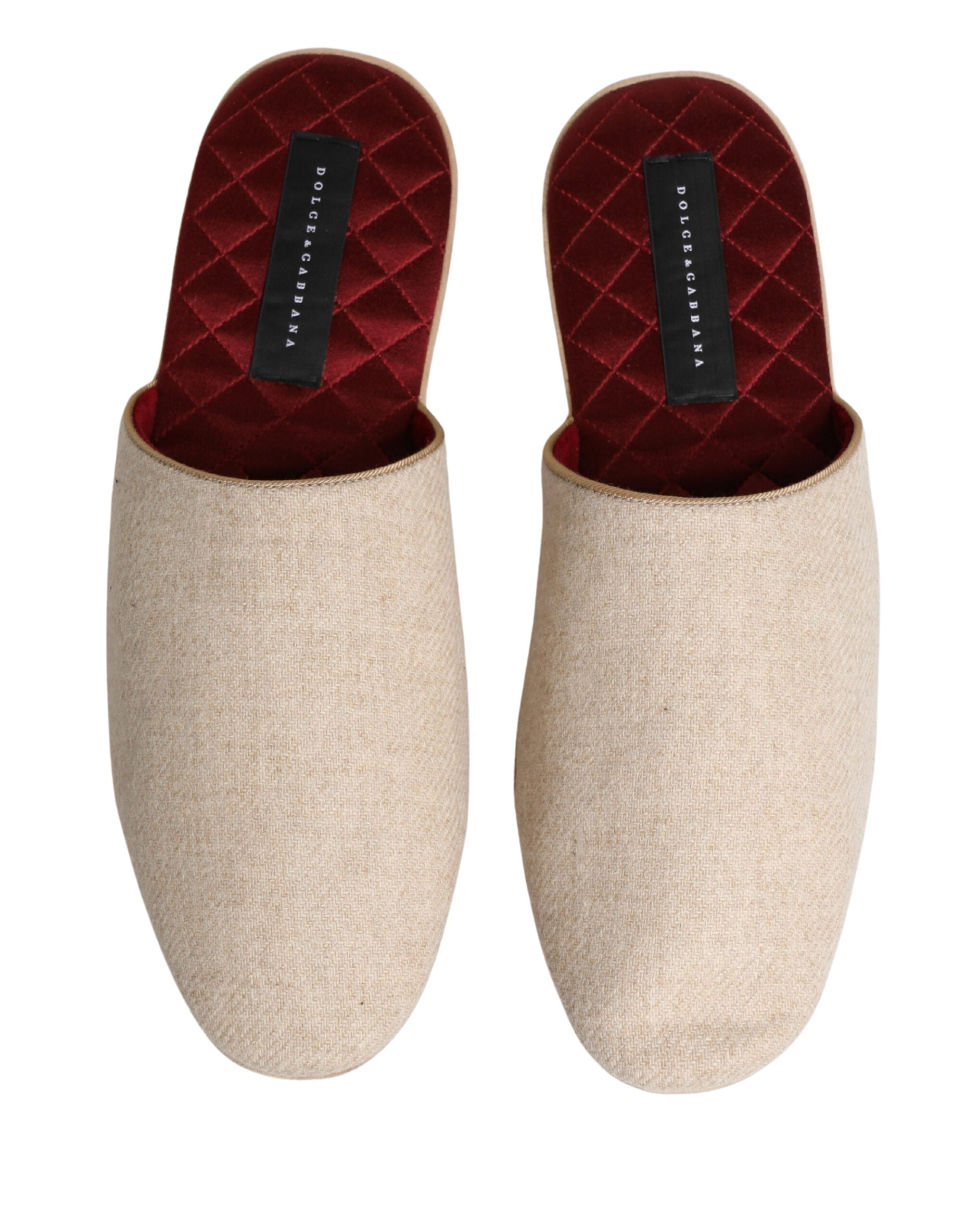 Dolce & Gabbana Beige Shetland Wool Red Quilted Slippers Shoes-4