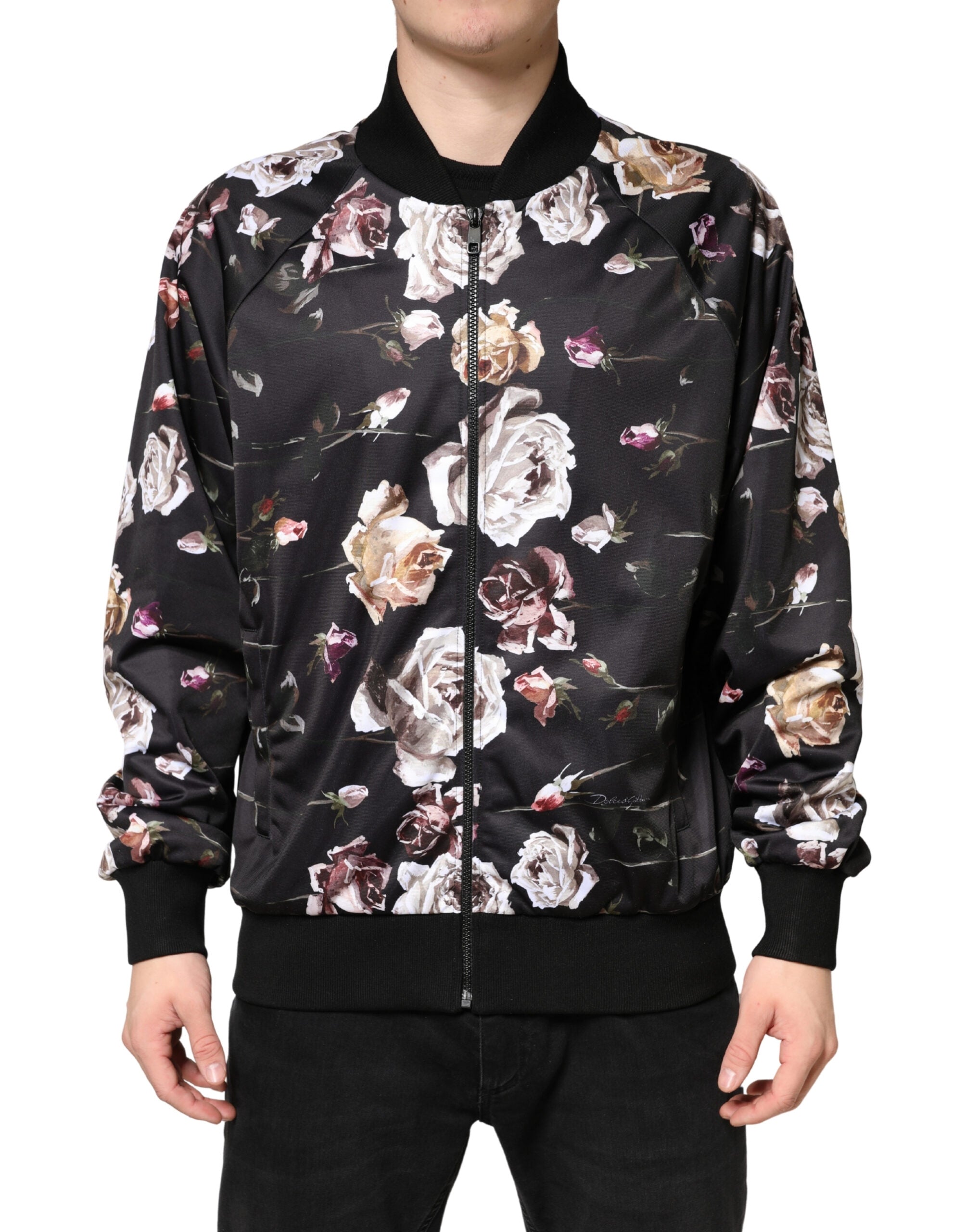 Dolce & Gabbana Black Polyester Bomber Jacket with Floral Print and Full Zip