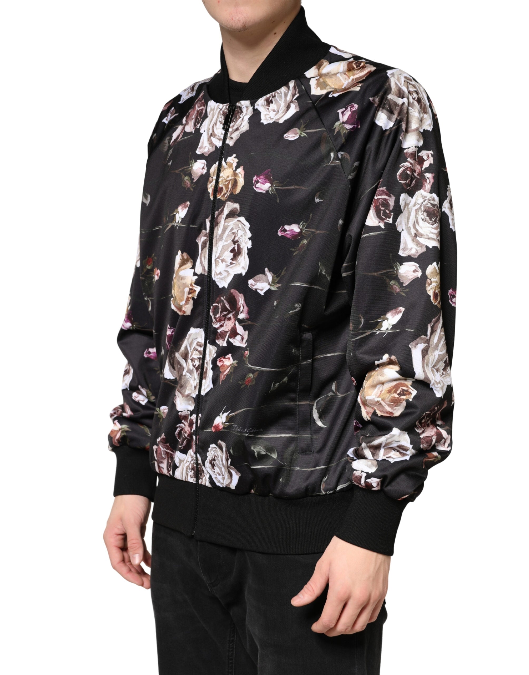 Dolce & Gabbana Black Polyester Bomber Jacket with Floral Print and Full Zip-3