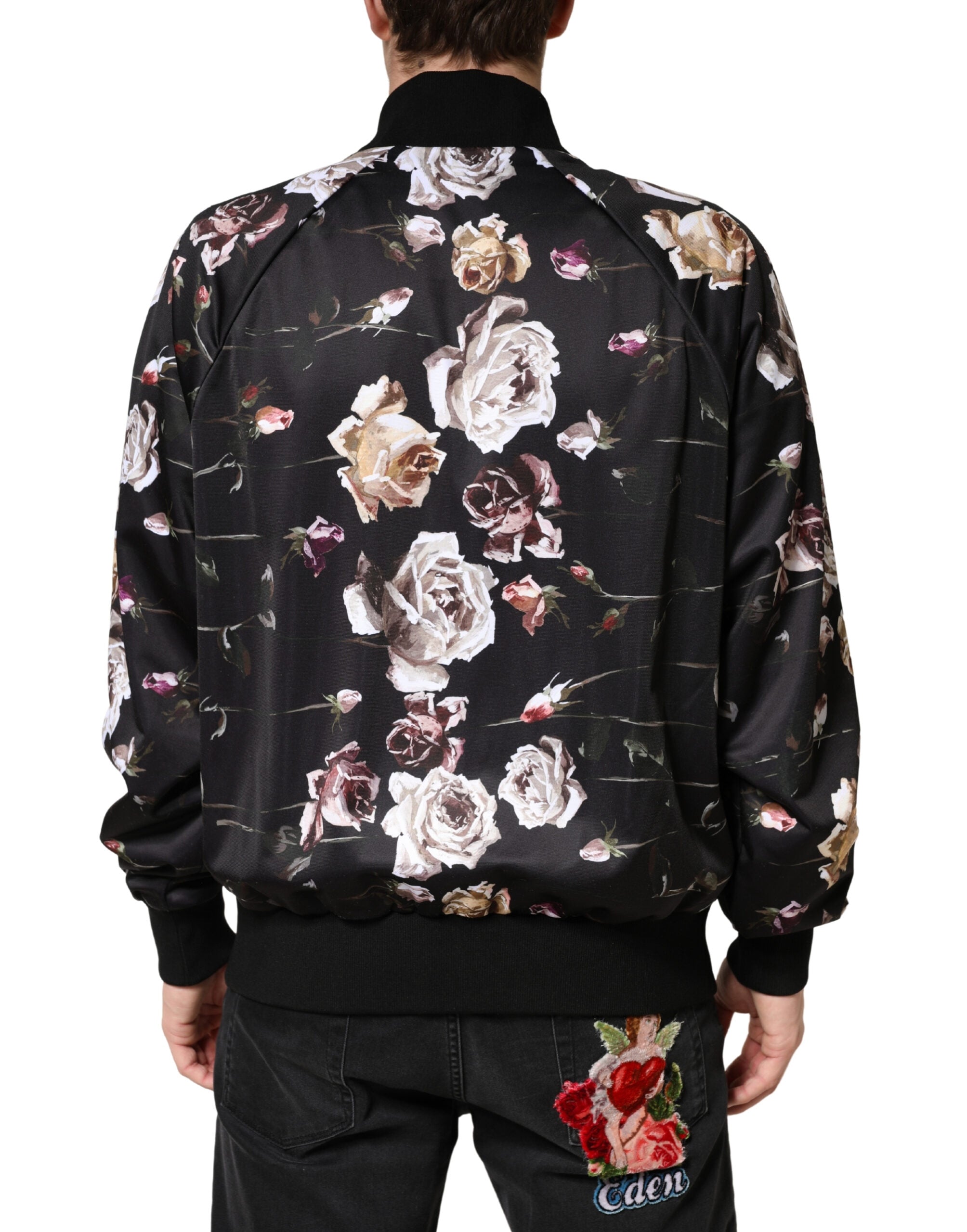 Dolce & Gabbana Black Polyester Bomber Jacket with Floral Print and Full Zip-4
