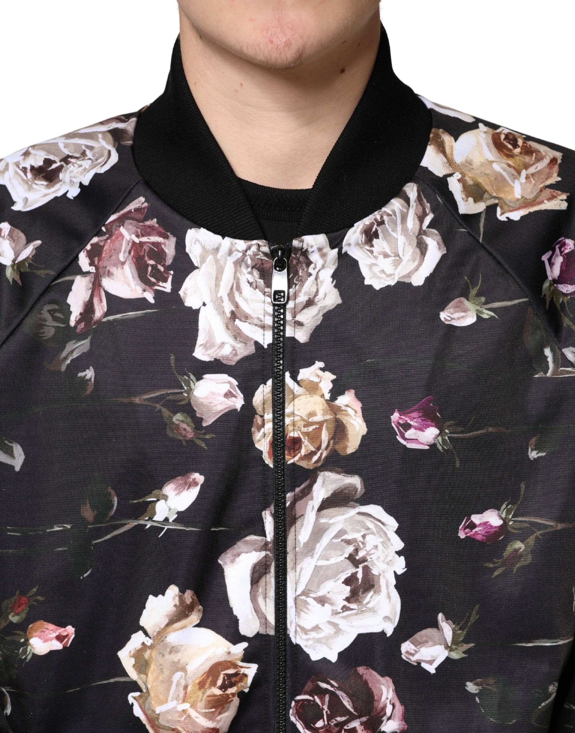Dolce & Gabbana Black Polyester Bomber Jacket with Floral Print and Full Zip-5