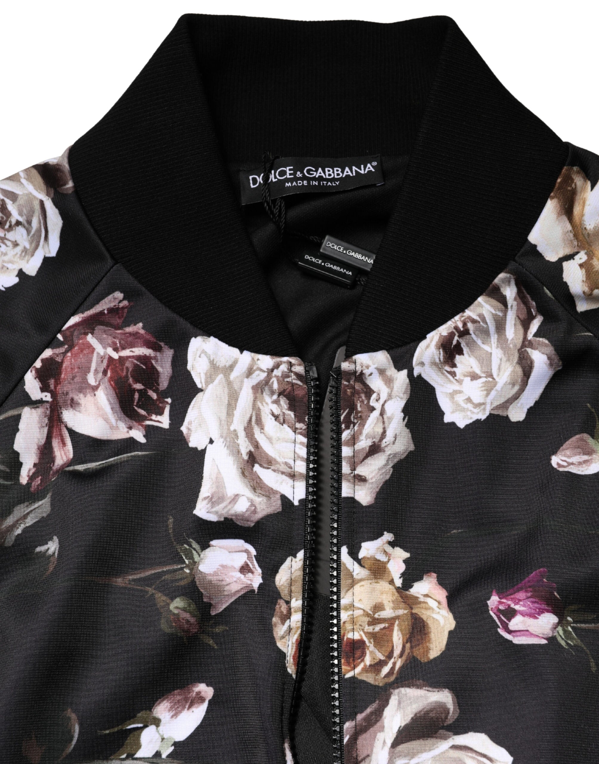 Dolce & Gabbana Black Polyester Bomber Jacket with Floral Print and Full Zip-7