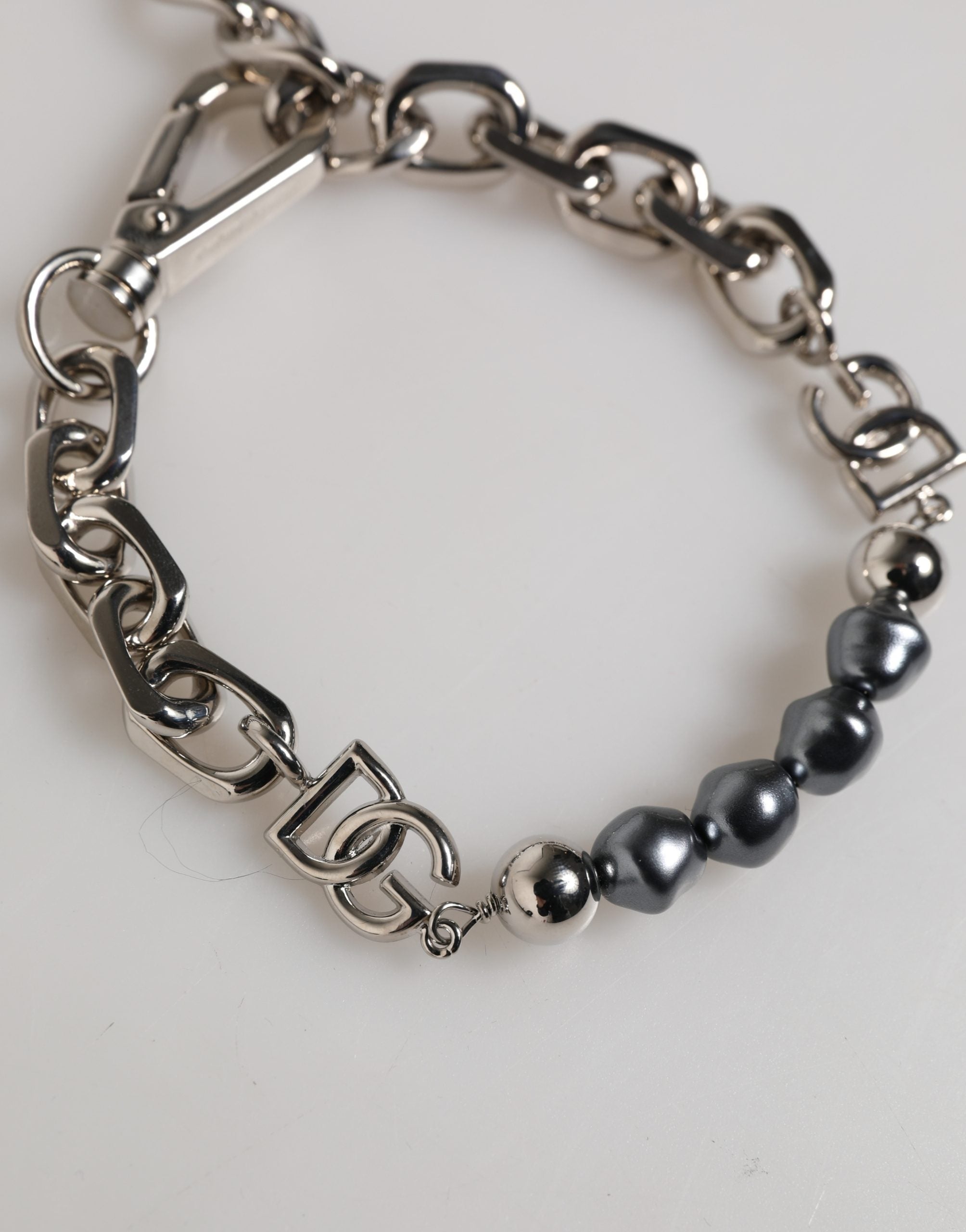 Dolce & Gabbana bracelet with silver-tone chain, lobster clasp, logo, and grey pearls-3