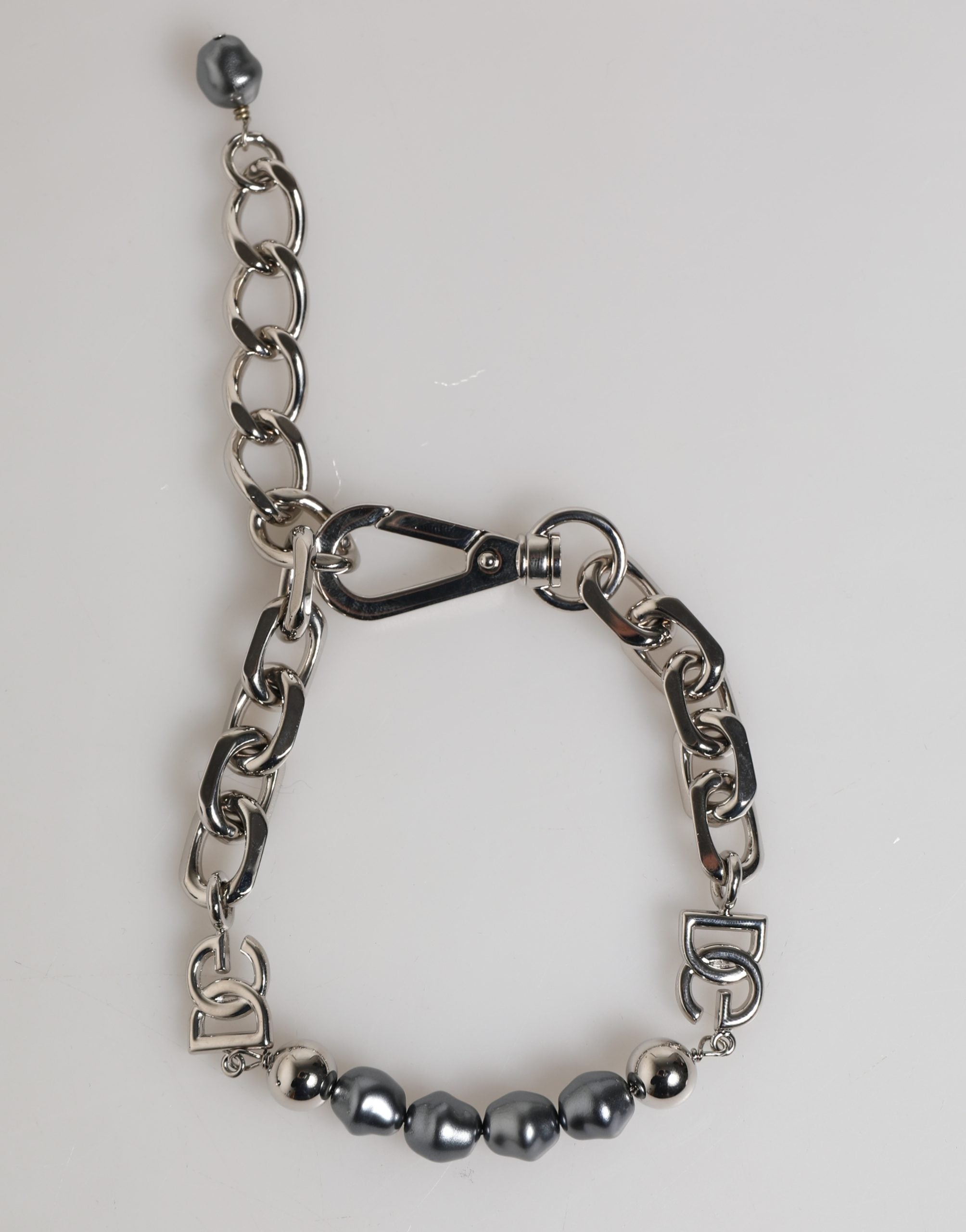 Dolce & Gabbana bracelet with silver-tone chain, lobster clasp, logo, and grey pearls-5