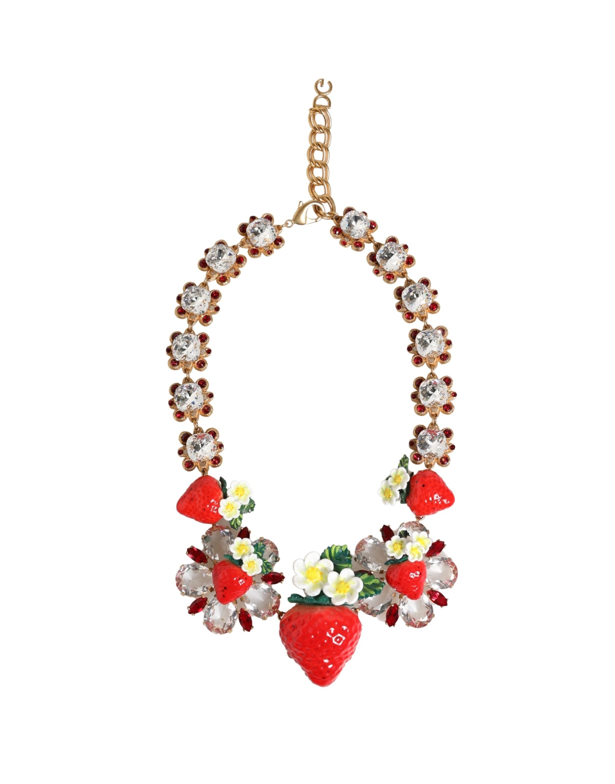 Dolce & Gabbana Halskette mit FRUIT-Anhängern aus goldfarbenem Messing, Blumen und Kristall-Logo-2