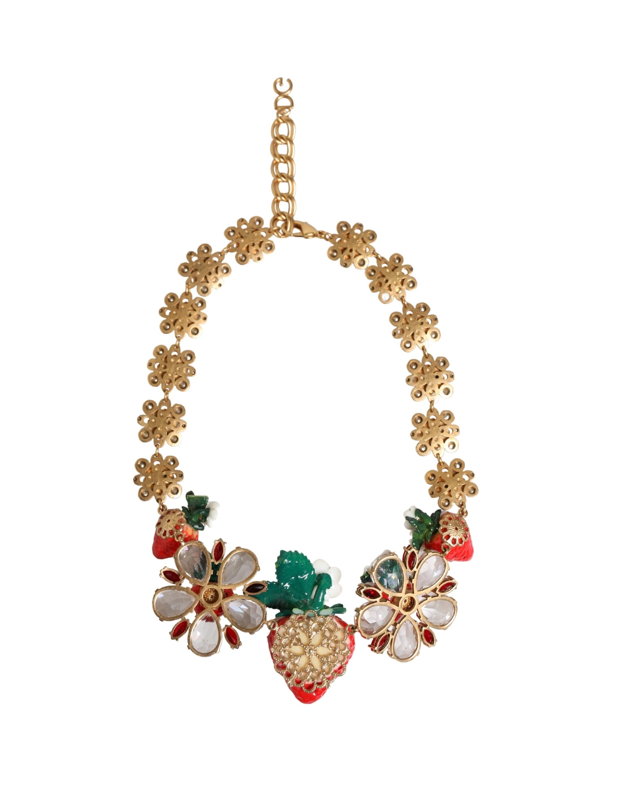 Dolce & Gabbana Necklace with FRUIT Pendants in Gold-Colored Brass, Flowers, and Crystal Logo-5