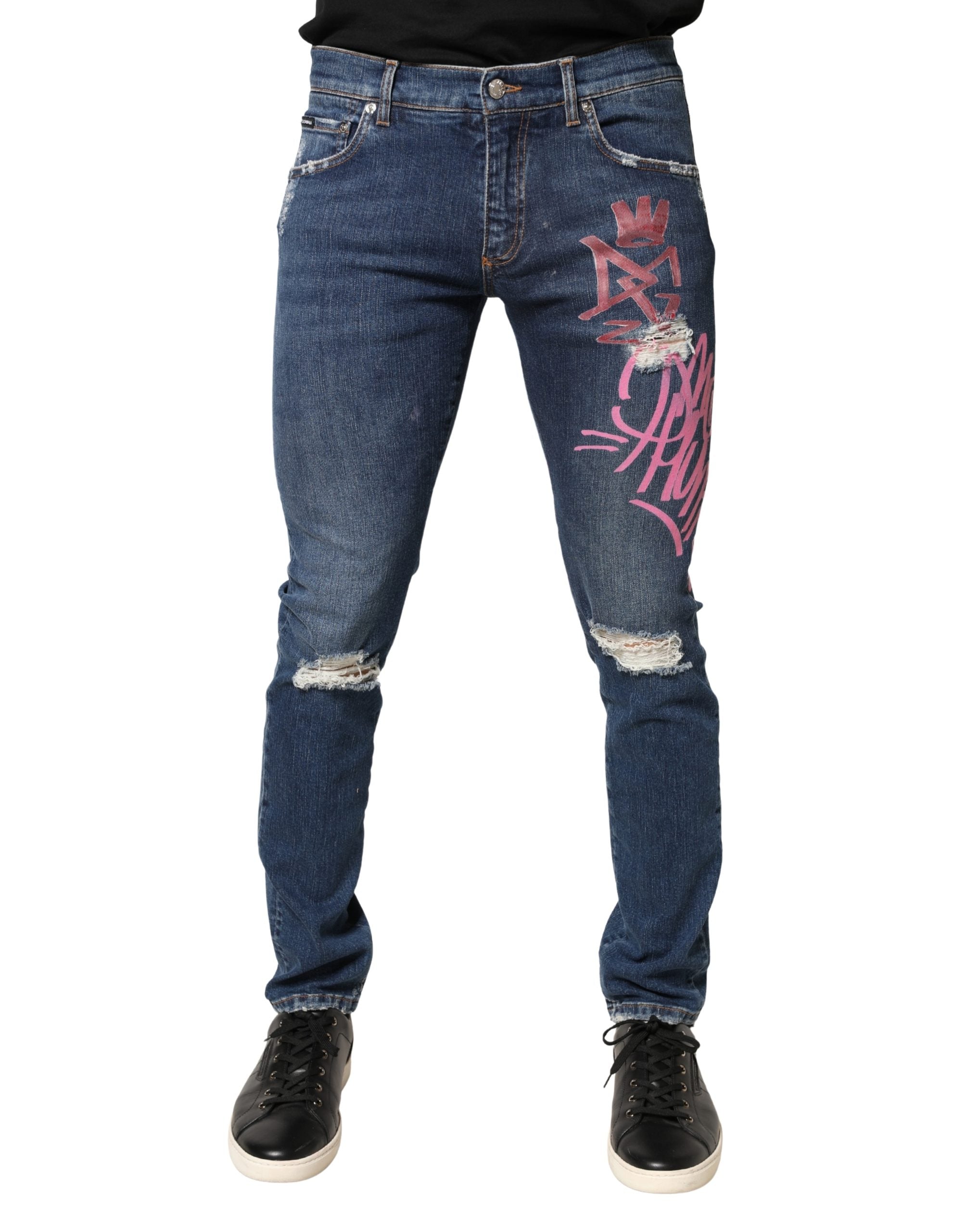 Dolce & Gabbana Blue Skinny Jeans with Distressed Graffiti Print-2
