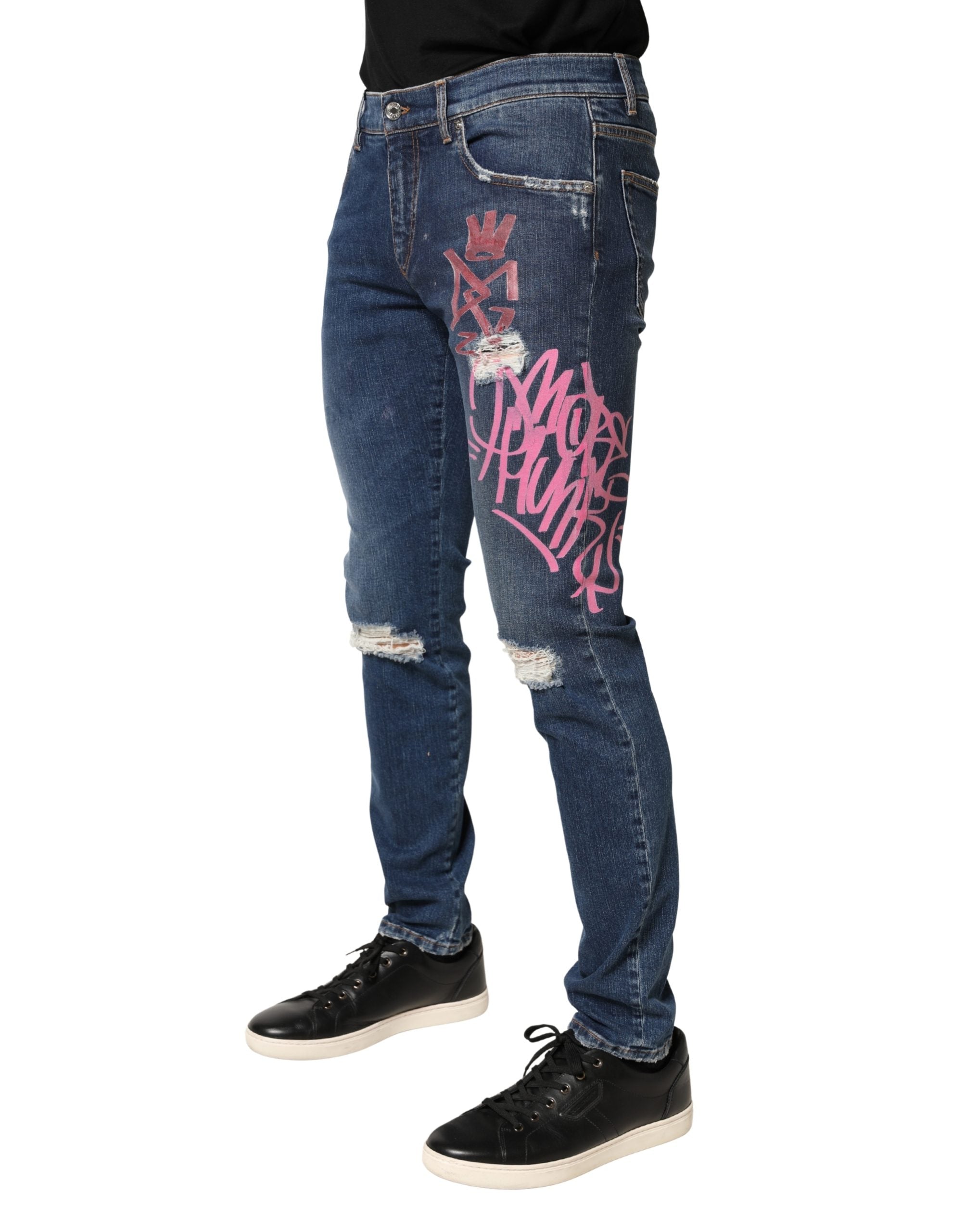 Dolce & Gabbana Blue Skinny Jeans with Distressed Graffiti Print-3