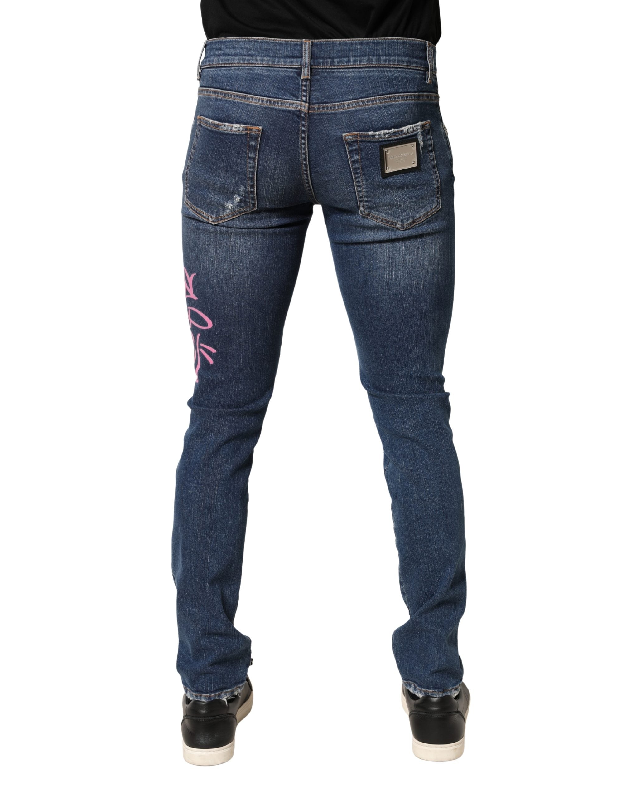 Dolce & Gabbana Blue Skinny Jeans with Distressed Graffiti Print-4