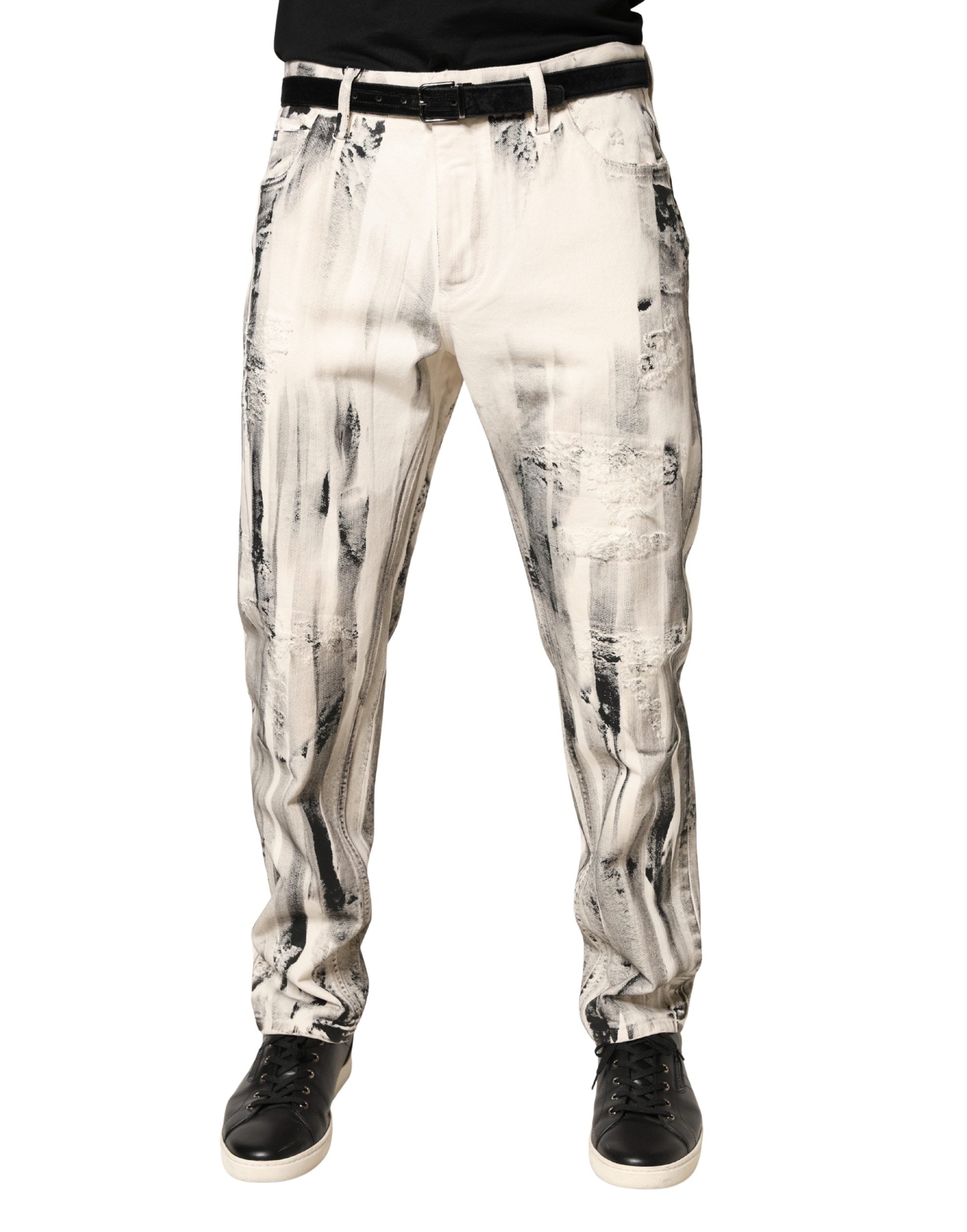 Dolce & Gabbana White Distressed Jeans with Paint Splatter Print-2