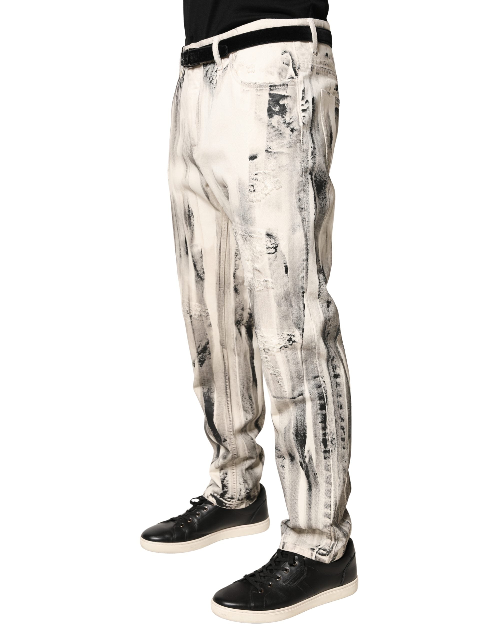 Dolce & Gabbana White Distressed Jeans with Paint Splatter Print-3