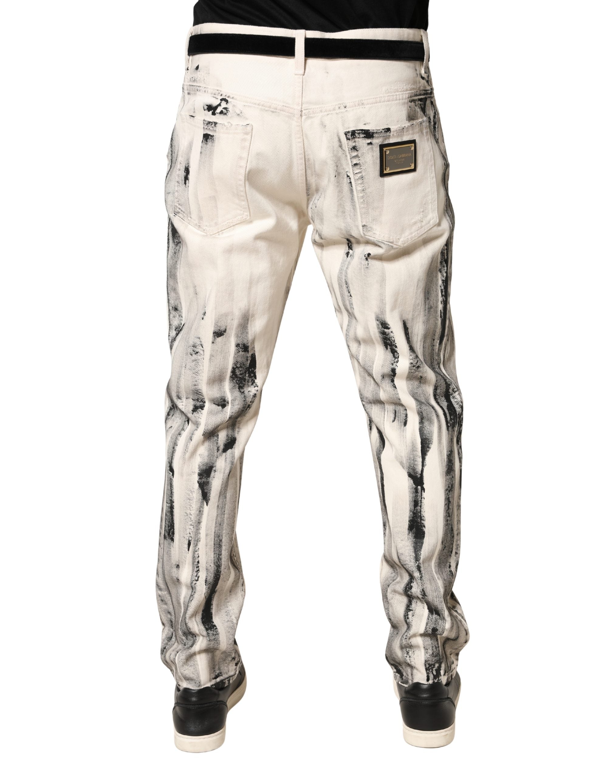 Dolce & Gabbana White Distressed Jeans with Paint Splatter Print-4
