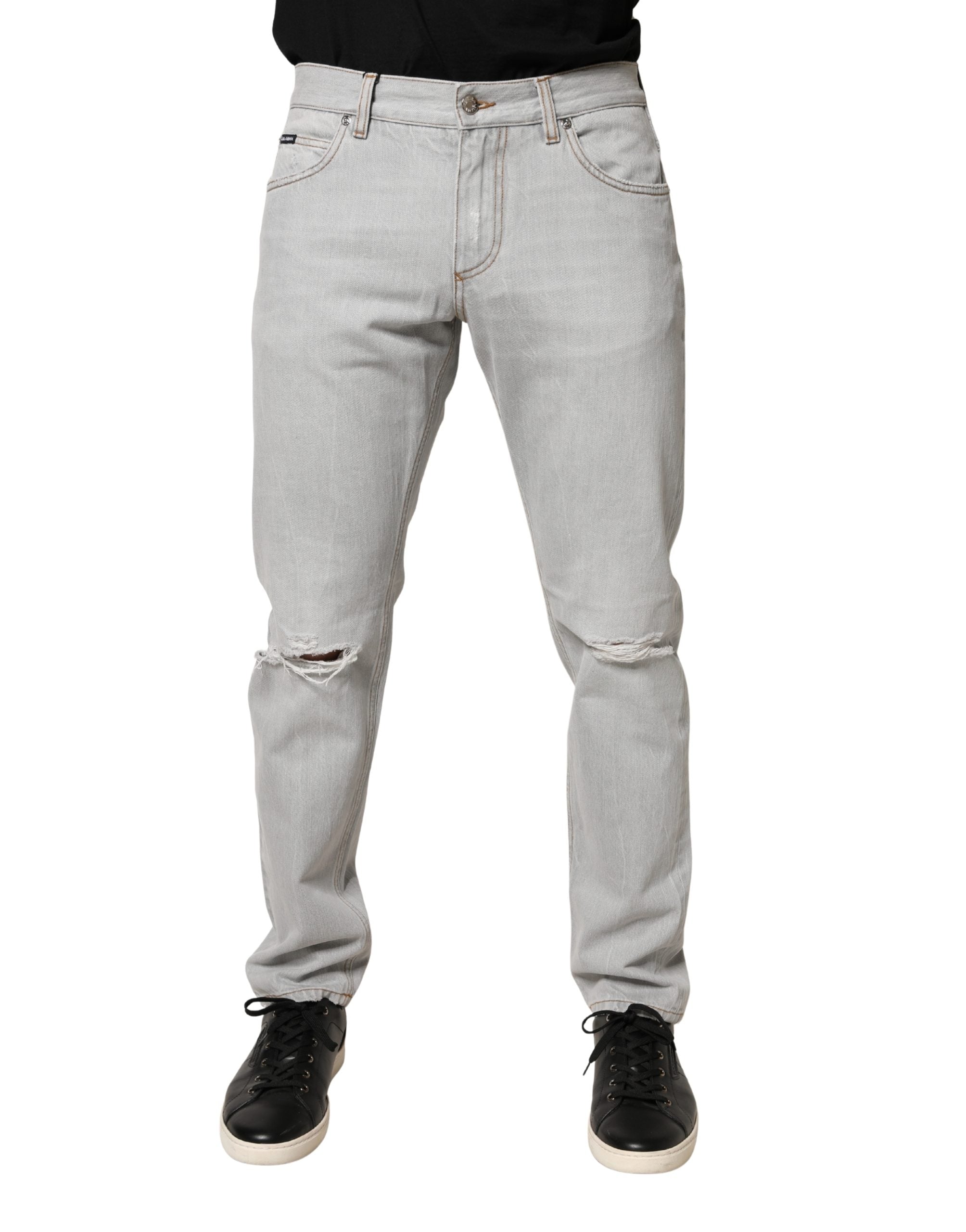 Dolce & Gabbana Light Gray Regular Fit Ripped Cotton Jeans-2