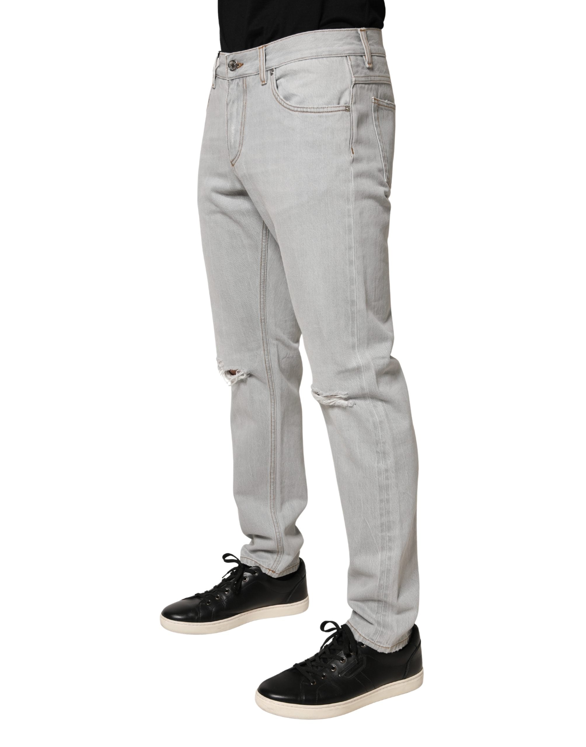 Dolce & Gabbana Light Gray Regular Fit Ripped Cotton Jeans-3