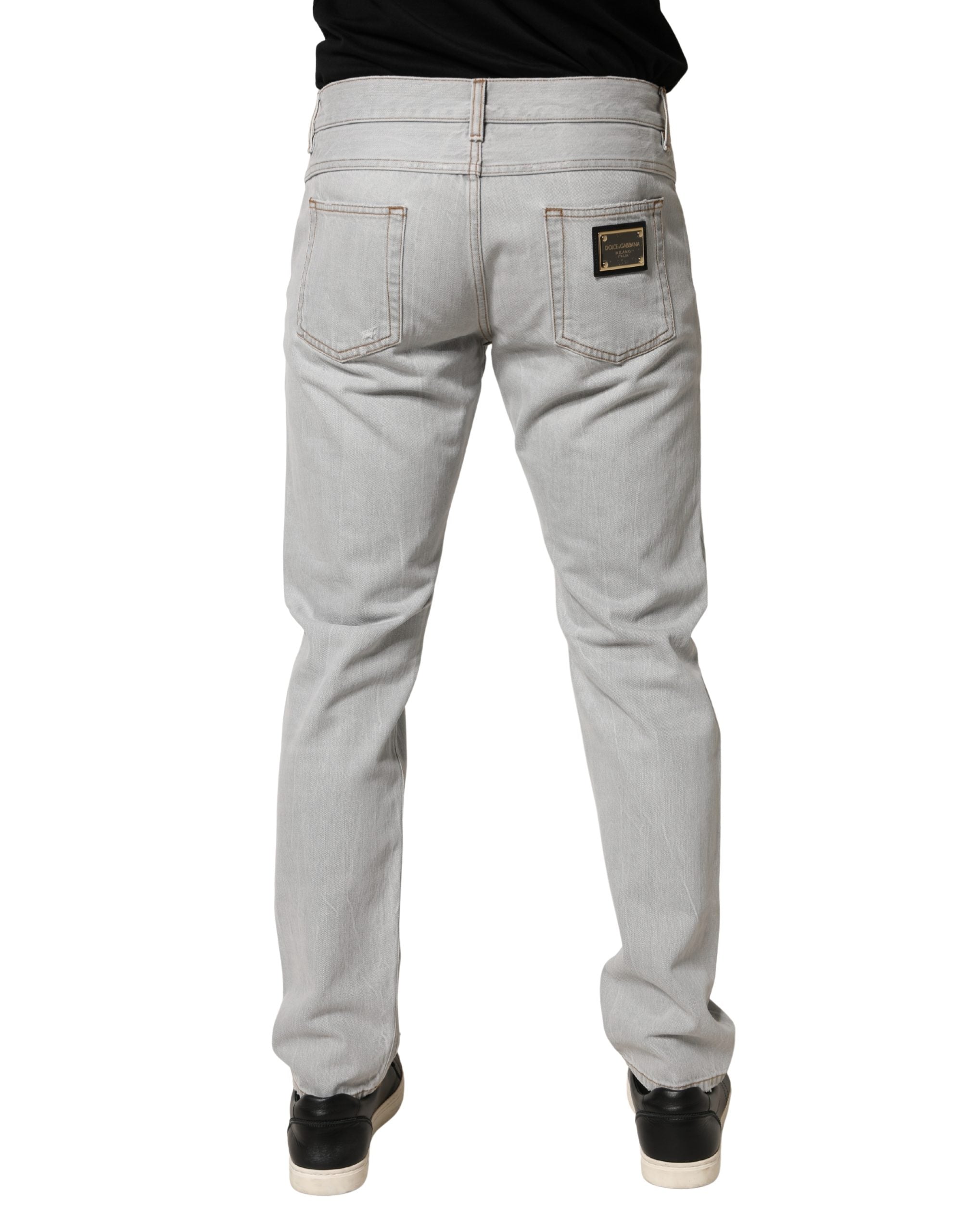 Dolce & Gabbana Light Gray Regular Fit Ripped Cotton Jeans-4