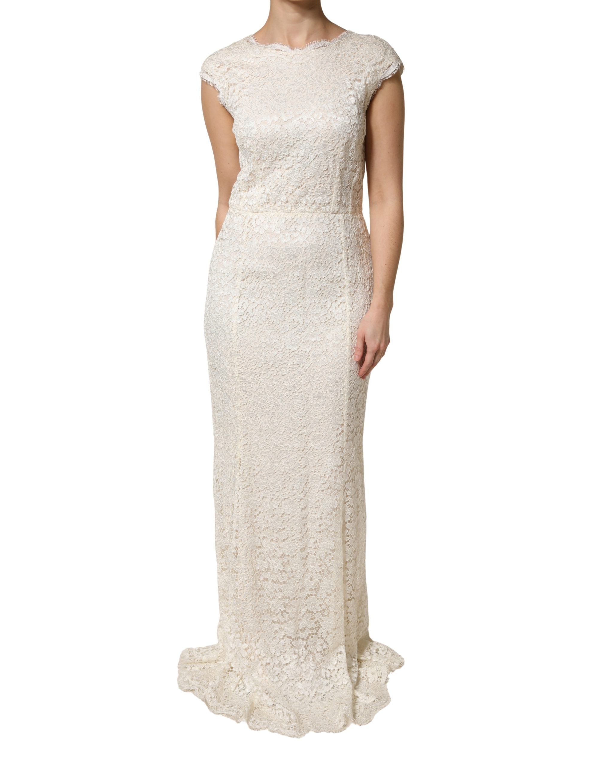 Dolce & Gabbana Long White Lace and Viscose Sheath Dress