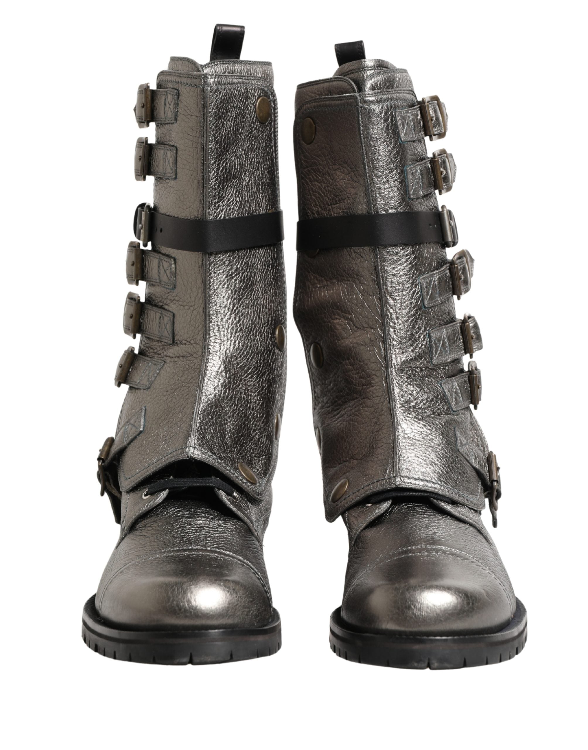 Dolce & Gabbana Metallic Silver Combat Biker Mid Calf Boots Shoes-3