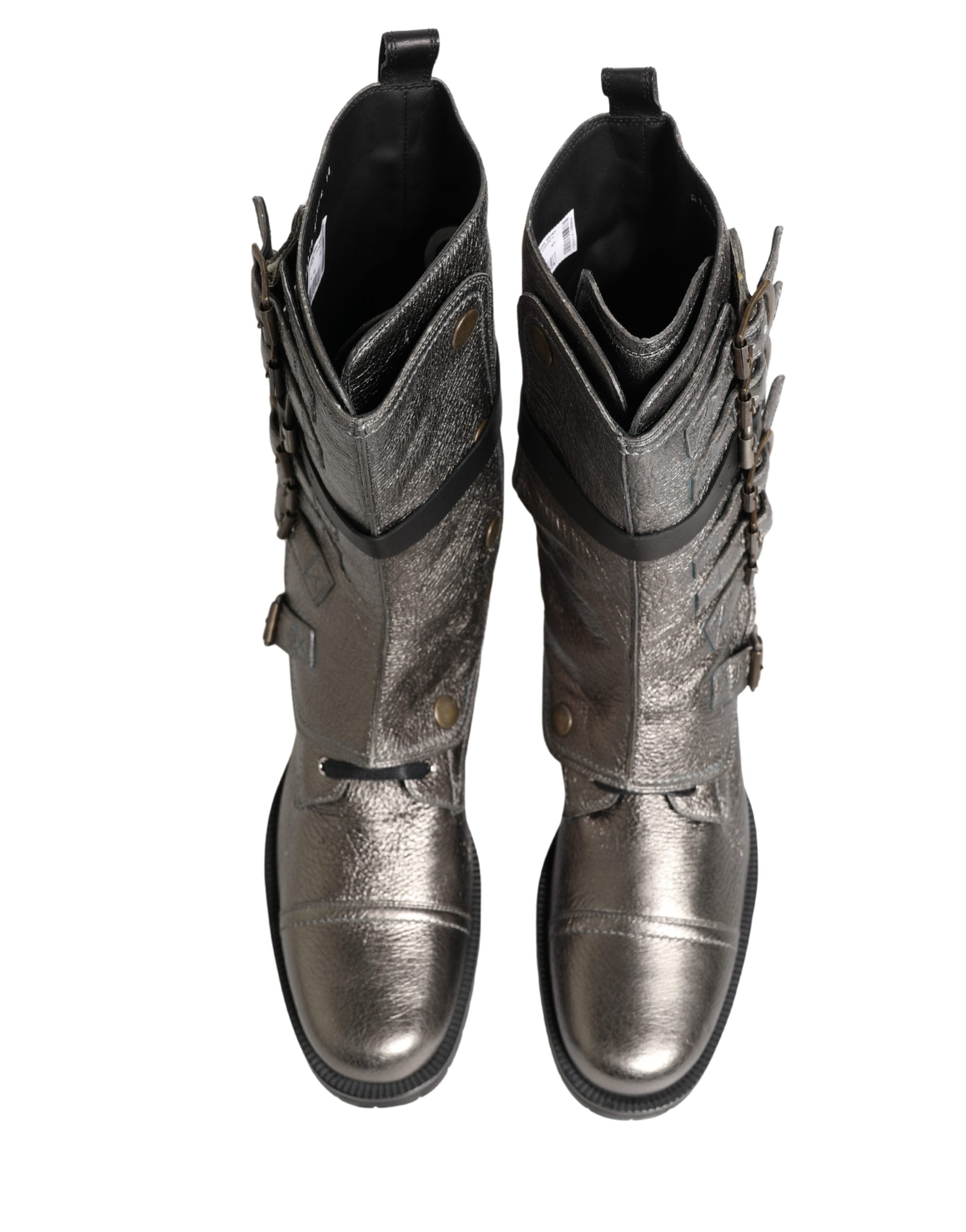 Dolce & Gabbana Metallic Silver Combat Biker Mid Calf Boots Shoes-4