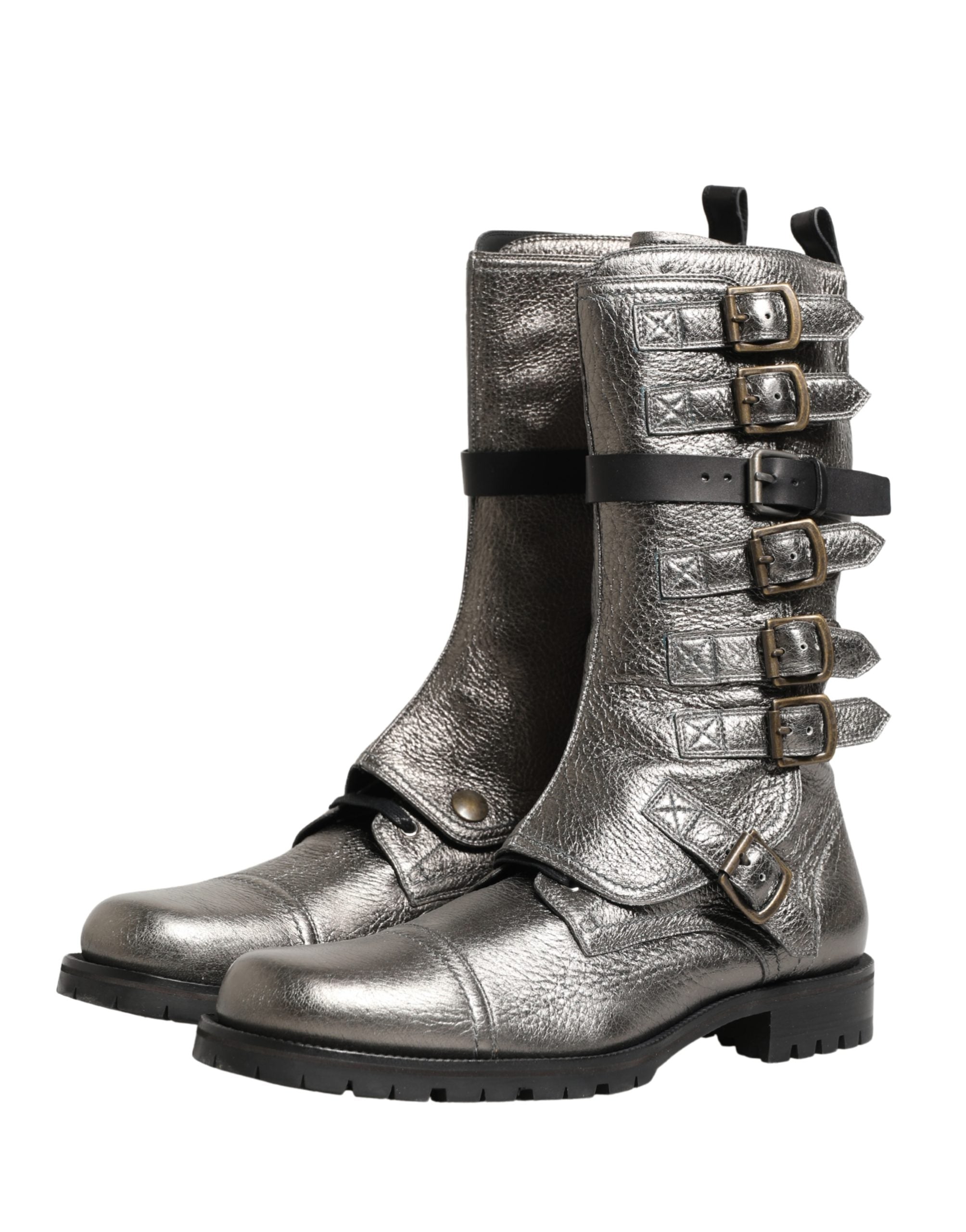 Dolce & Gabbana Metallic Silver Combat Biker Mid Calf Boots Shoes-5