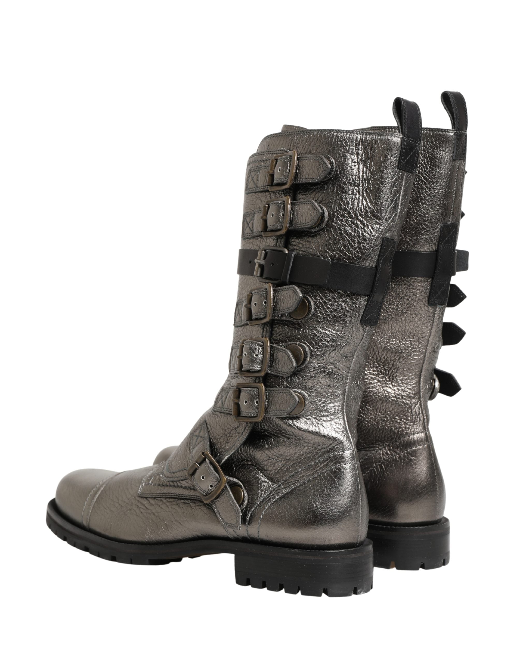 Dolce & Gabbana Metallic Silver Combat Biker Mid Calf Boots Shoes-6
