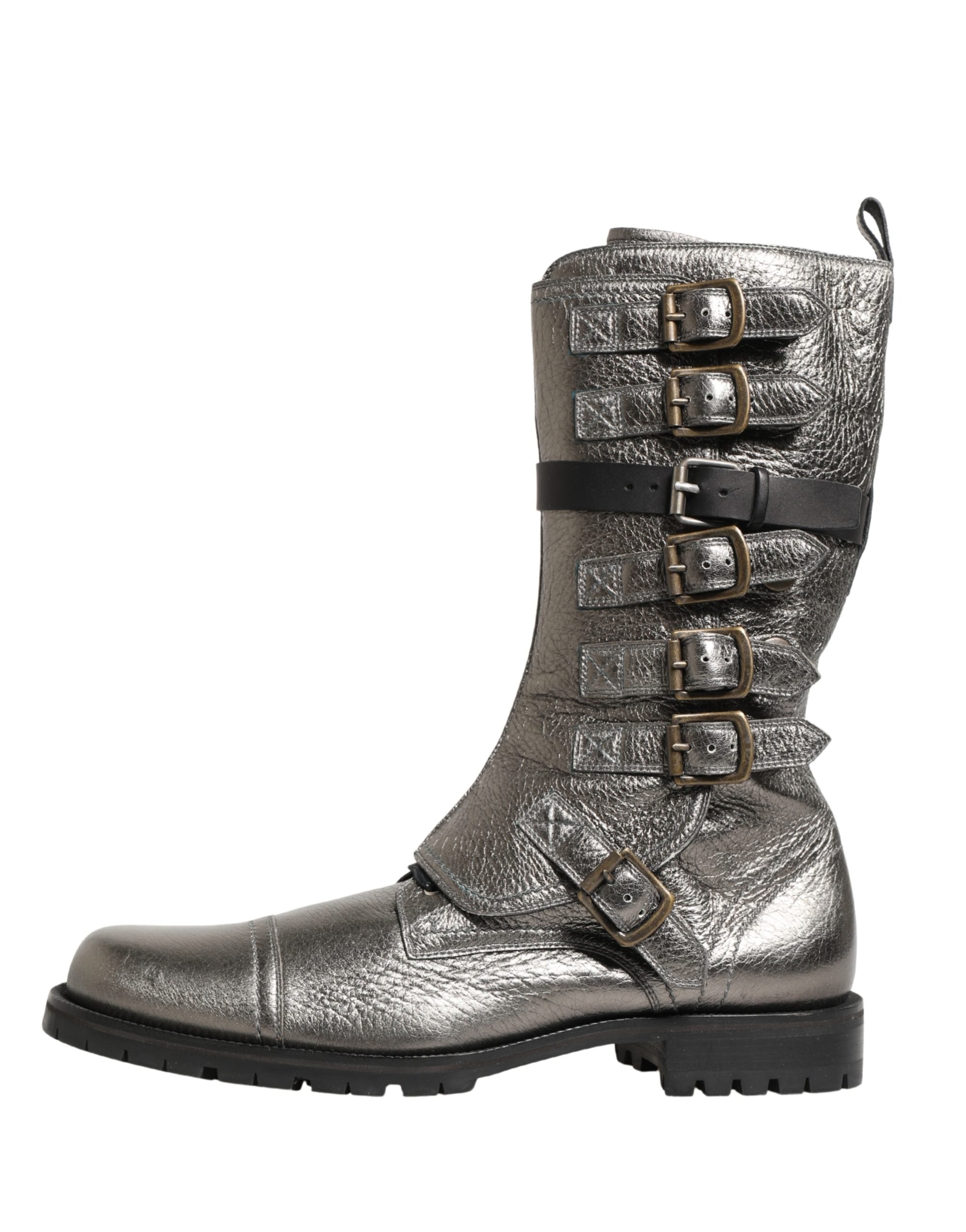 Dolce & Gabbana Metallic Silver Combat Biker Mid Calf Boots Shoes-7