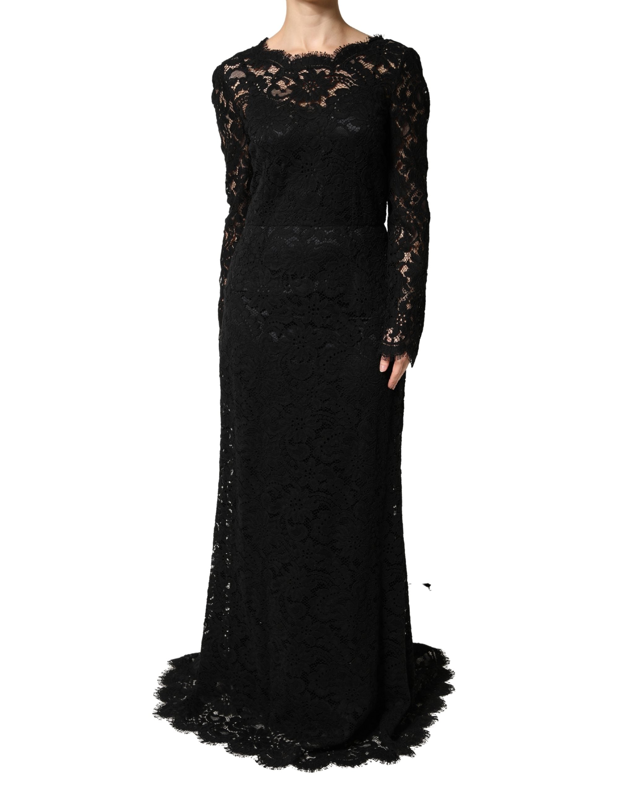 Dolce & Gabbana Black Cotton Maxi Dress with Lace Trim and Long Sleeves-2
