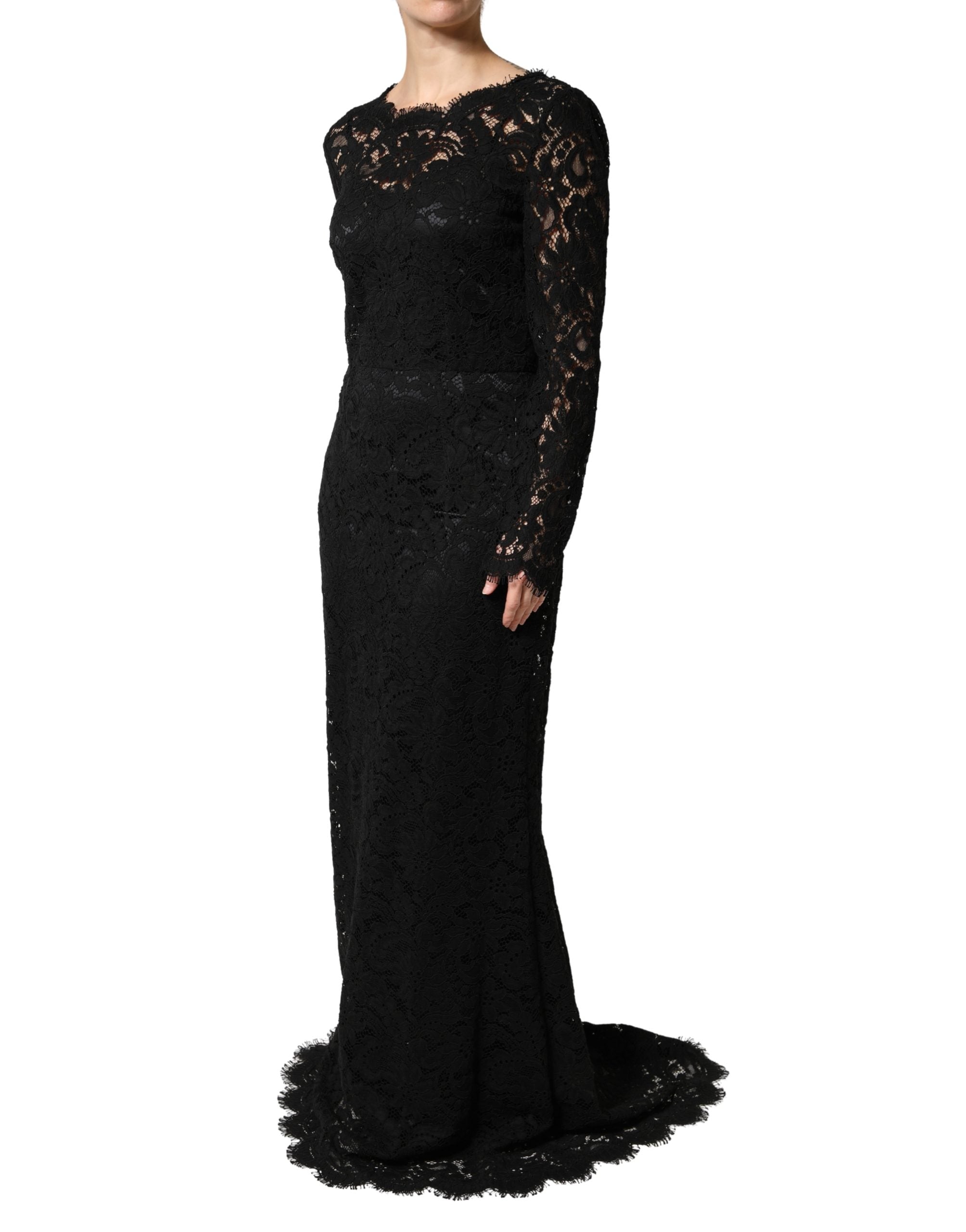 Dolce & Gabbana Black Cotton Maxi Dress with Lace Trim and Long Sleeves-3